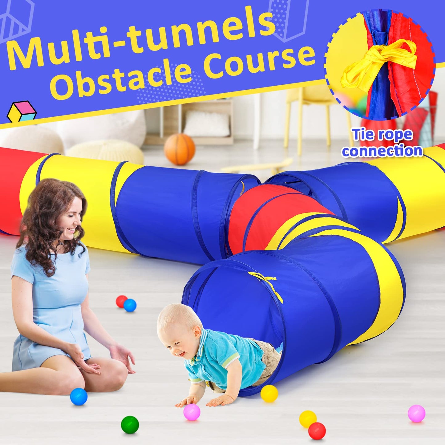 PigPigPen Pop Up Play Tunnel Tent – Indoor & Outdoor Fun for Toddlers, Babies & Dogs (Red, Yellow & Blue)