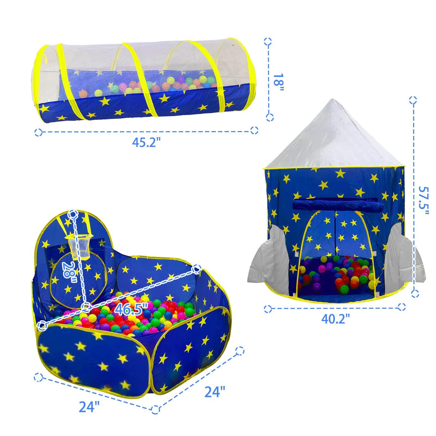 PigPigPen 3pc Kids Play Tent Set – Ball Pit, Tunnel & Princess Tent