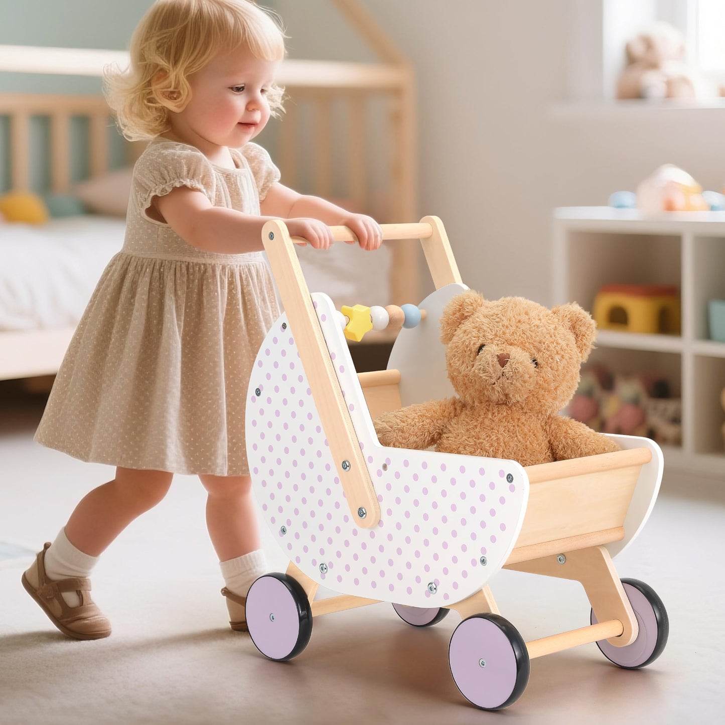 Pillowhale Wooden Baby Walker & Doll Stroller – Adjustable Handle, Anti-Tip, Quiet Wheels