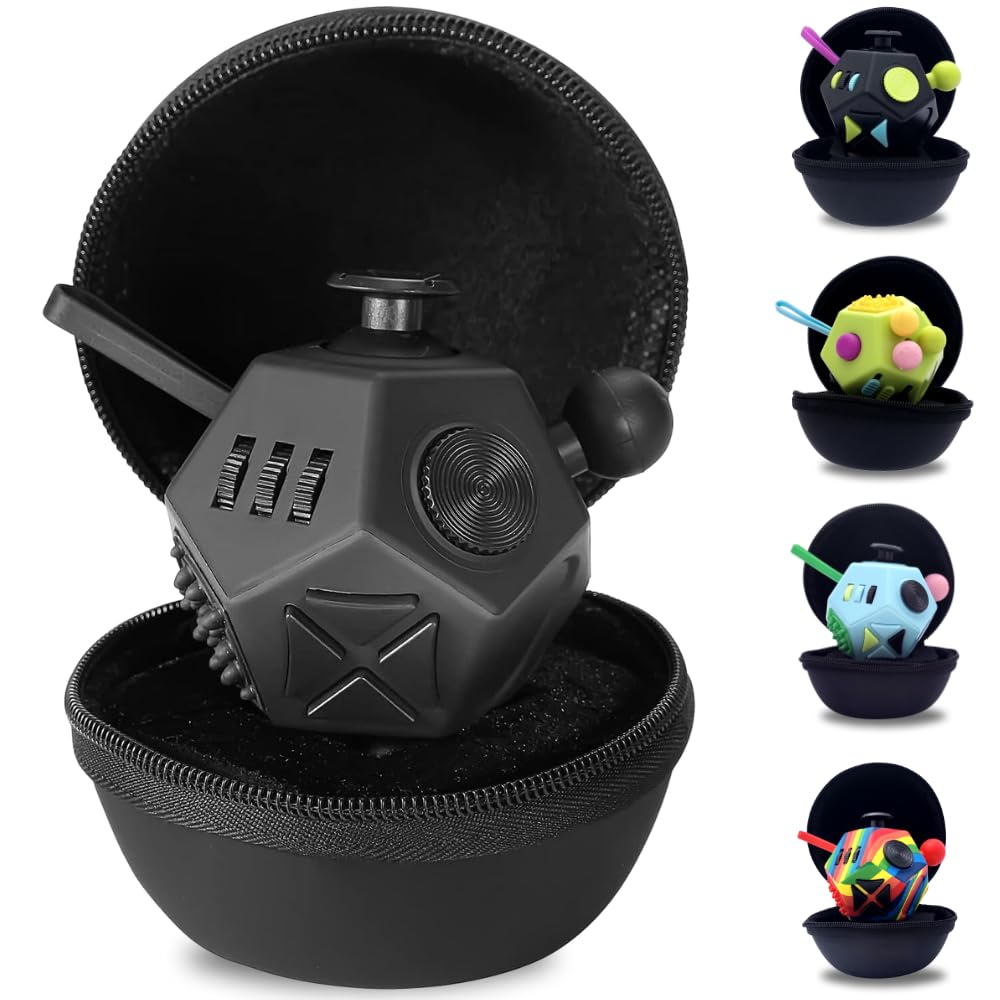 PILPOC theFube Fidget Cube with 12 Sides – Focus, Stress Relief & ADHD Tool + Carry Case
