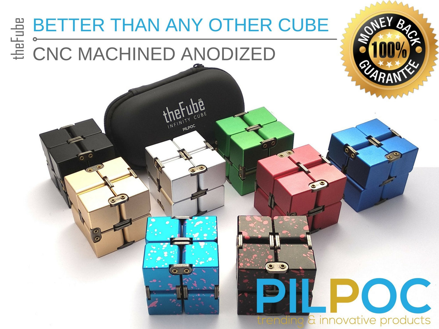 PILPOC theFube Infinity Cube – Aluminum Fidget Desk Toy with Case (Gold) for Focus and Stress Relief