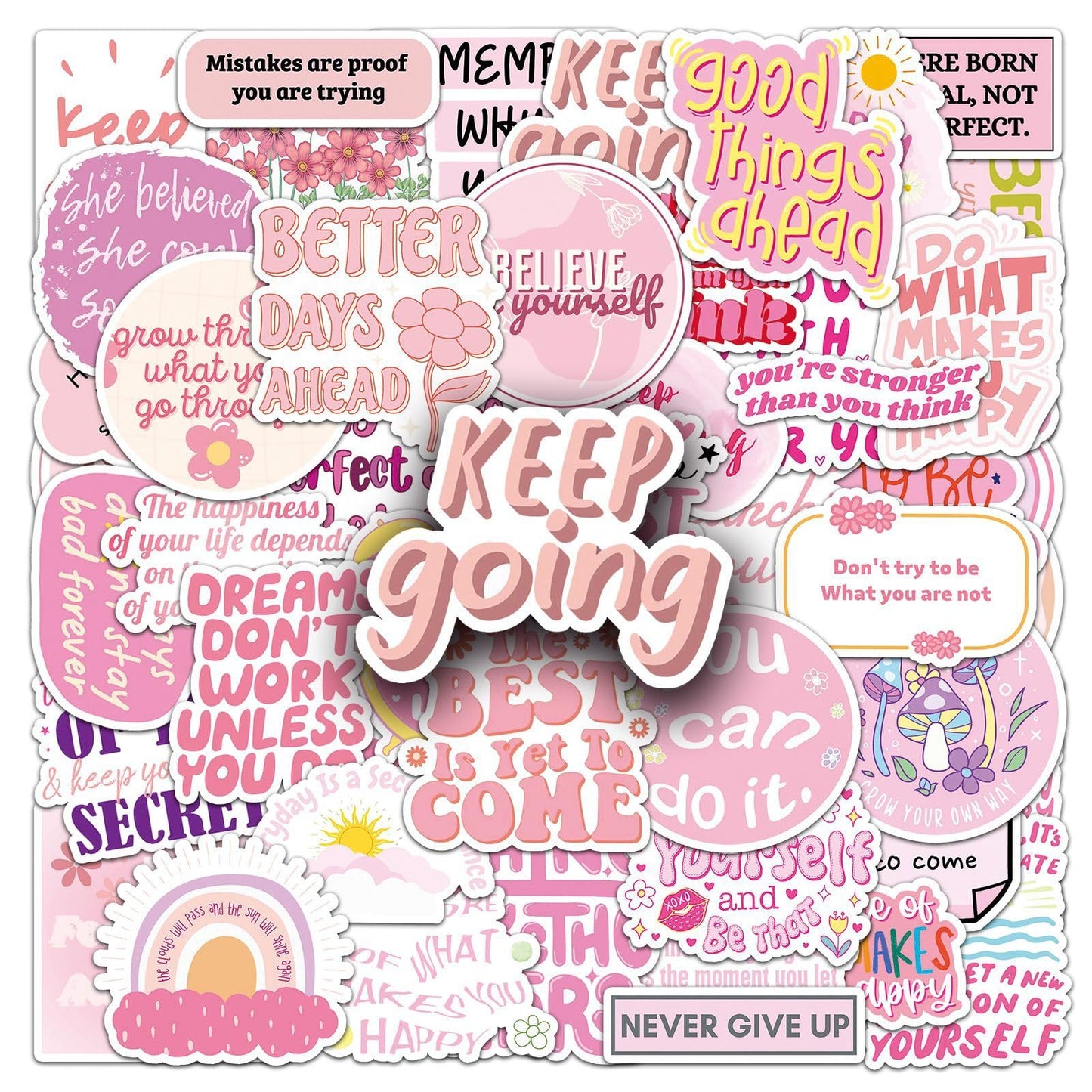 50pcs Pink Motivational Stickers – Waterproof Vinyl Quotes for Laptops, Water Bottles & More