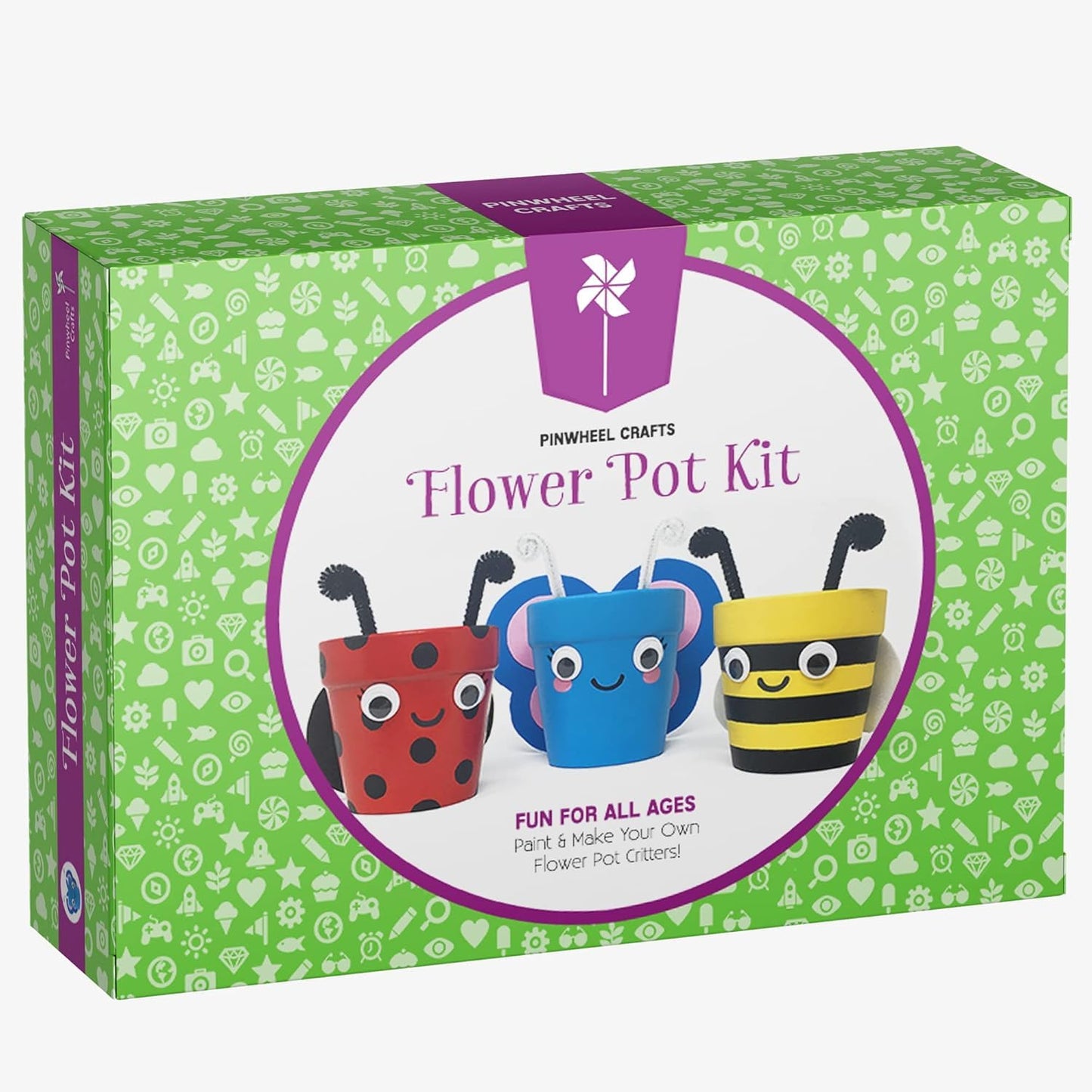 Pinwheel Crafts Flower Pot Painting Kit – Kids Garden Set with Seeds, Soil, 3 Pots, 8 Paints