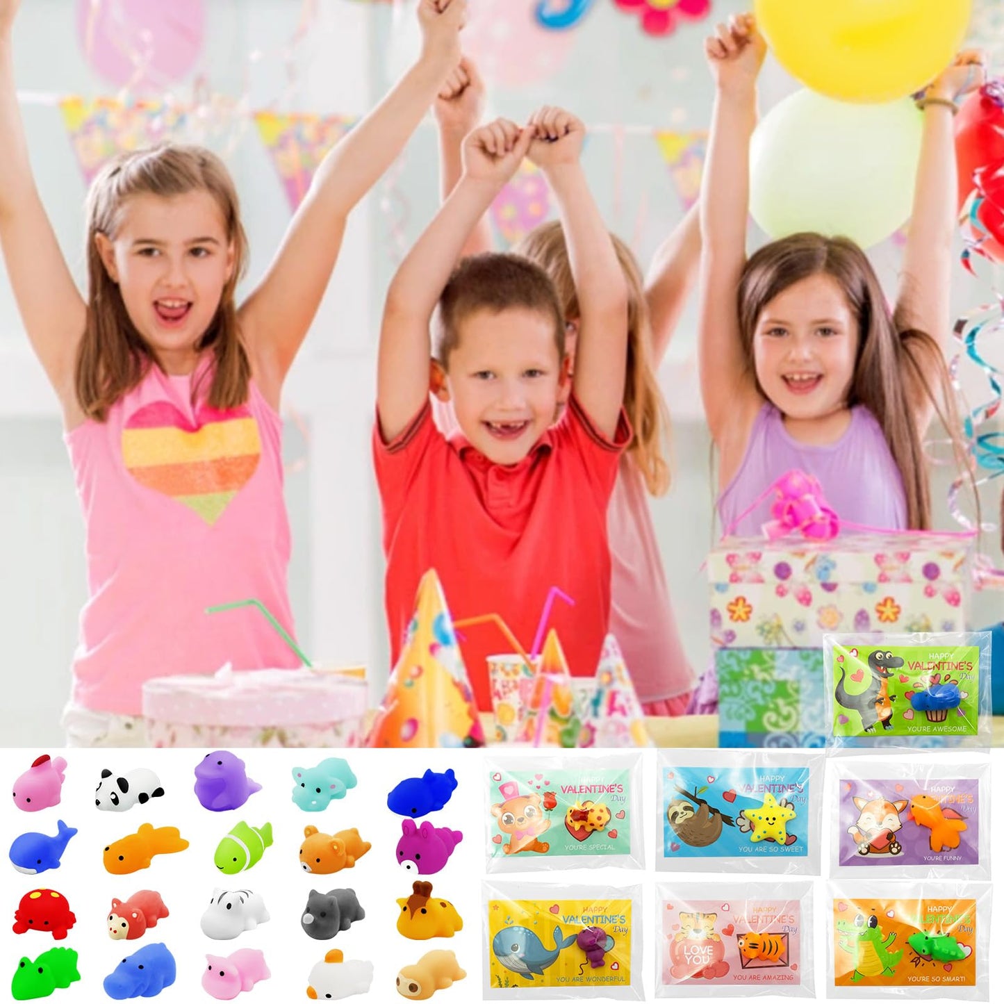PIONJOY 28-Pack Valentines Gifts for Kids – Mochi Squishy Toys & Greeting Cards