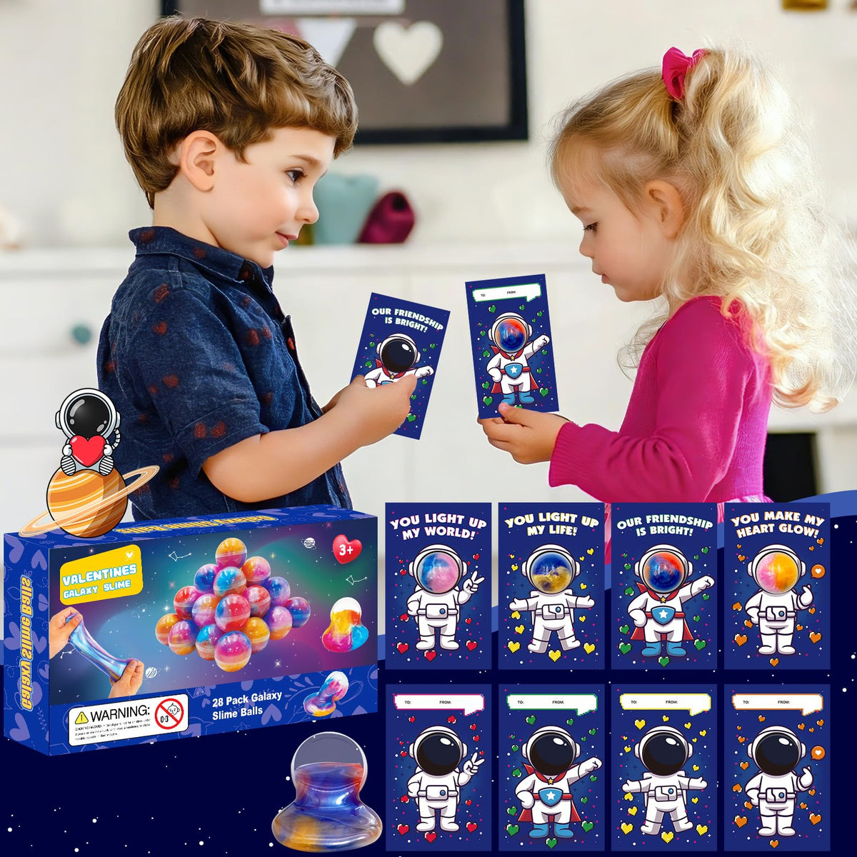 PIONJOY 28-Pack Valentines Galaxy Slime with Cards – Kids Classroom Gifts & Fidget Set