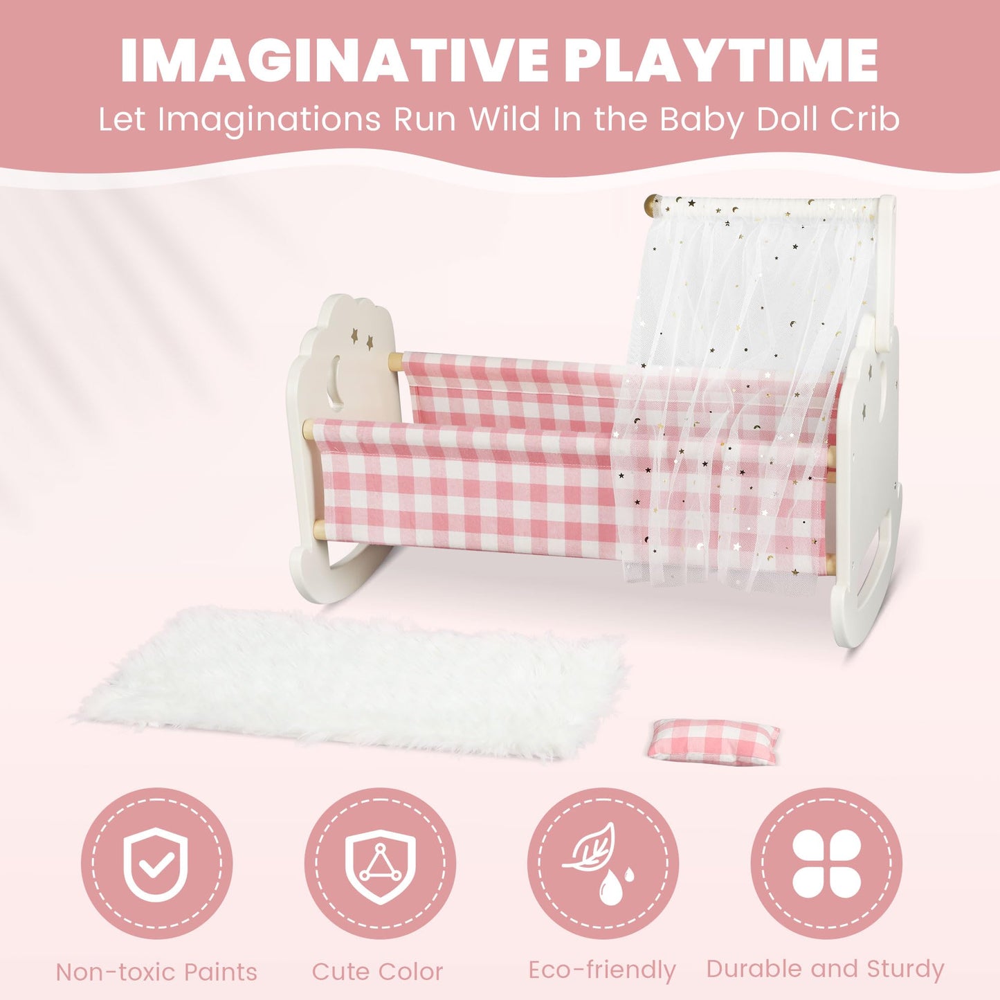 Pithfor Wooden Doll Crib Set for 18-Inch Dolls | Bedding & Canopy