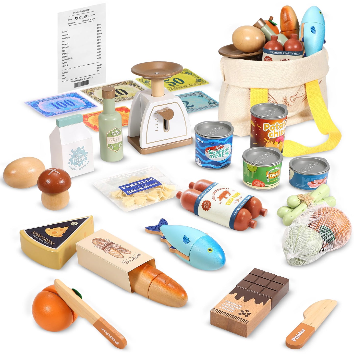 Pithfor Wooden Play Food Set for Kids – Realistic Grocery Store & Pretend Shopping Toy