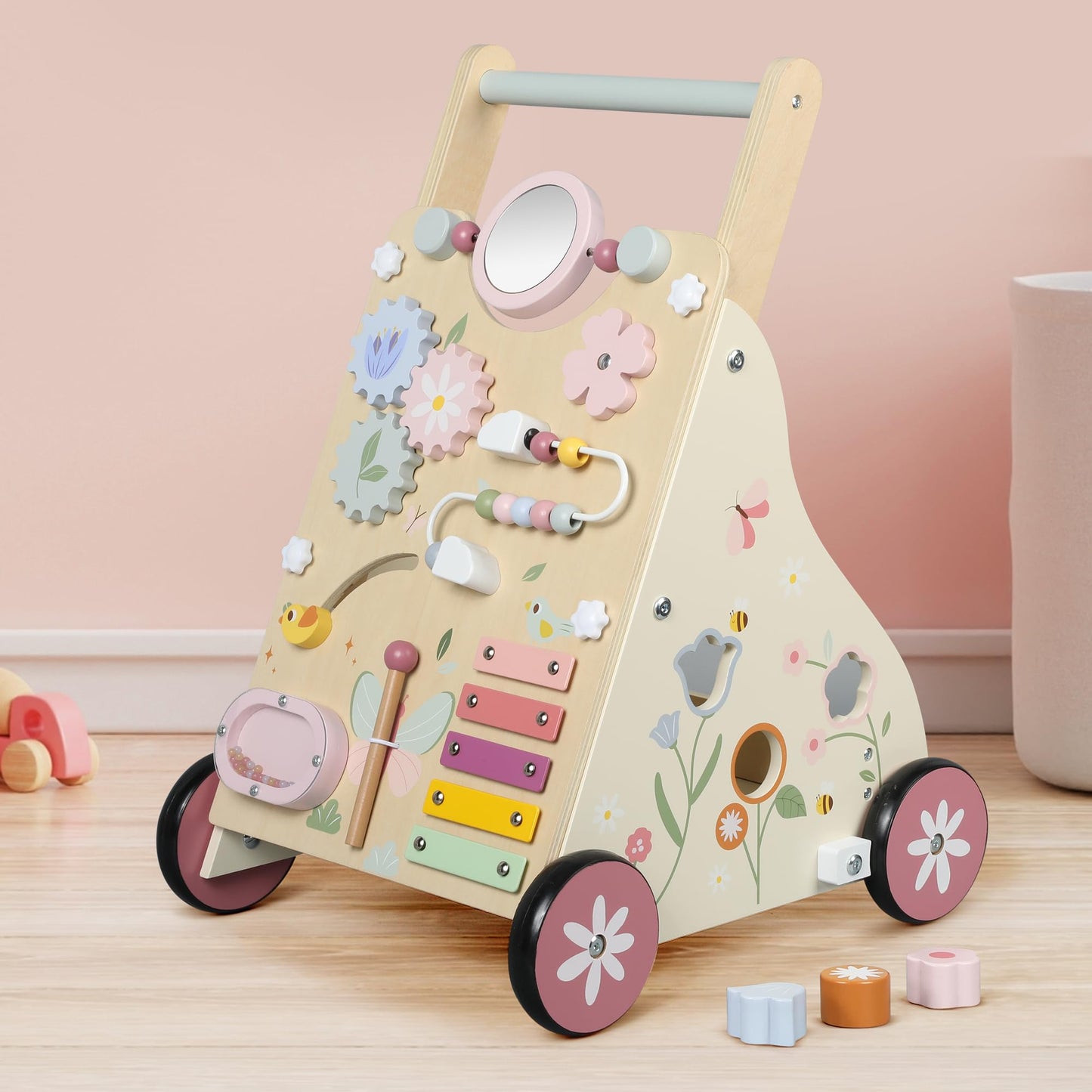 Pithfor Wooden Baby Walker — Montessori Sensory Push Walker for First Steps and Sit-to-Stand