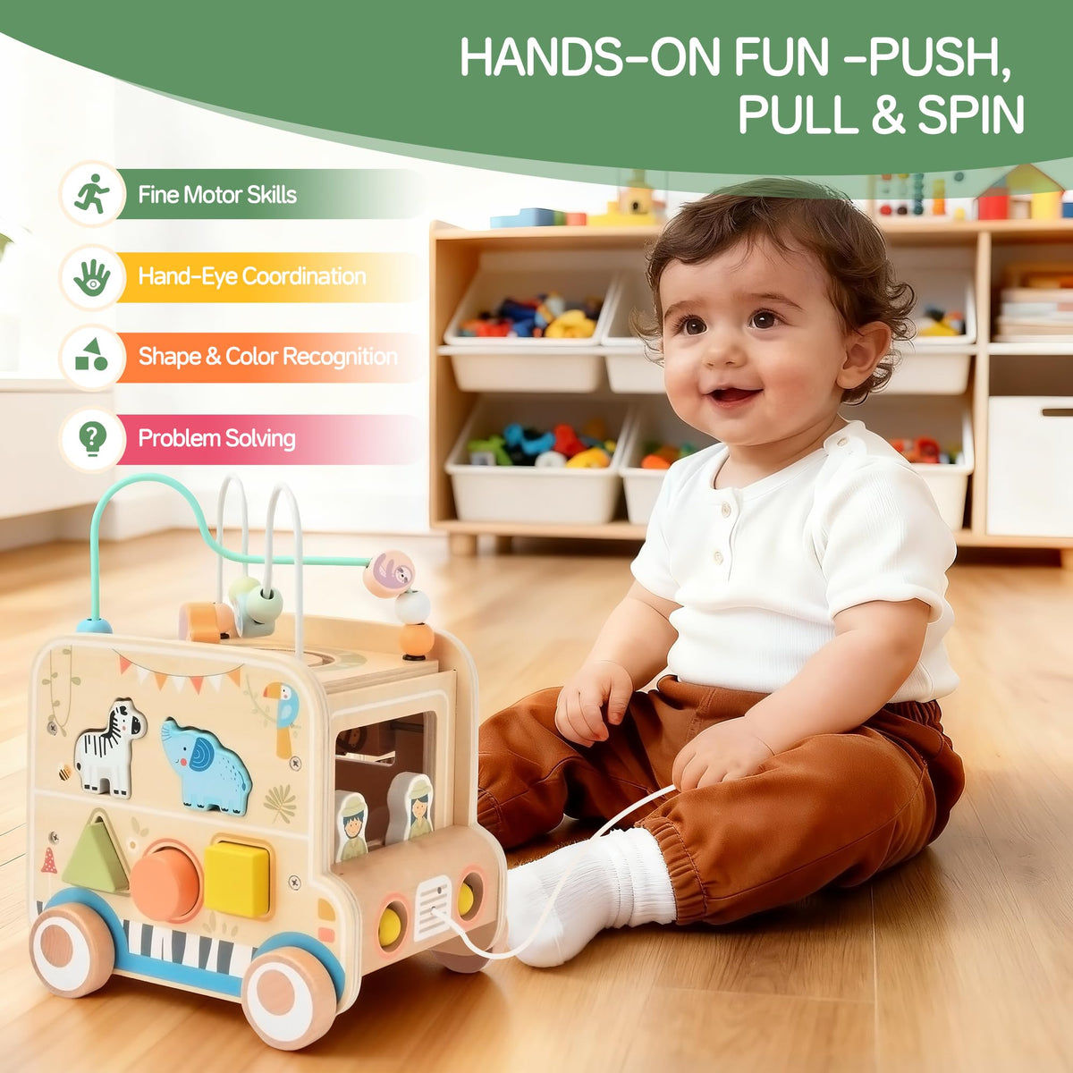 Pithfor Wooden Pull-Along Activity Cube | Montessori Toy for Toddlers 1–3