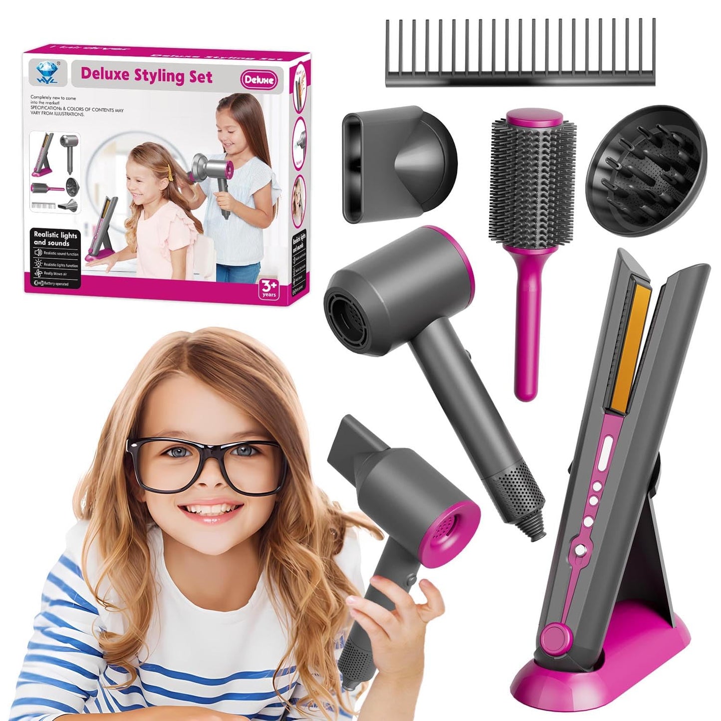 PIXATA Girls Hair Salon Toys: Deluxe Styling Set with Realistic Hair Dryer & Straightener for Kids 3+