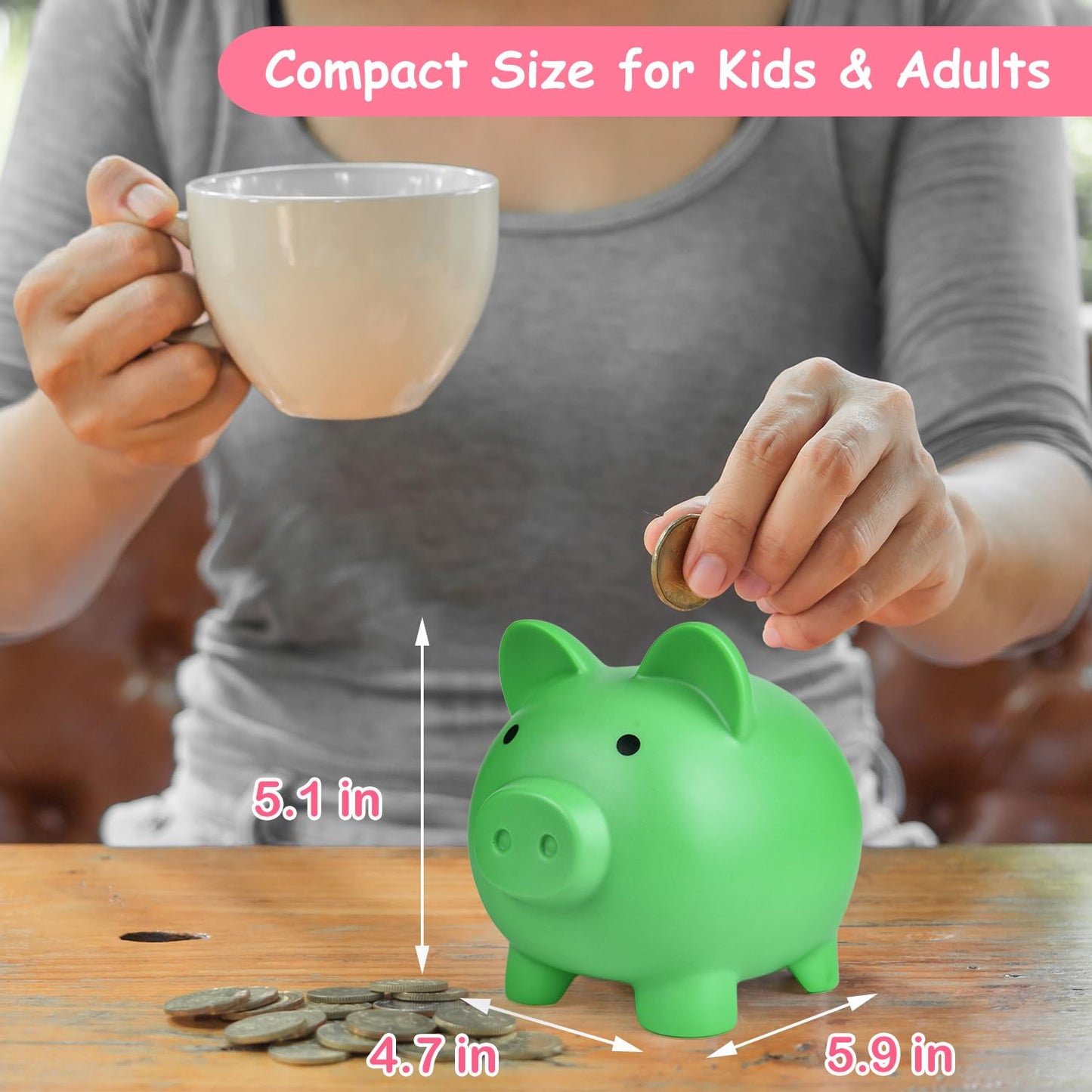 PJDRLLC Piggy Bank - Unbreakable Green Plastic Money Bank for Kids | Medium Size