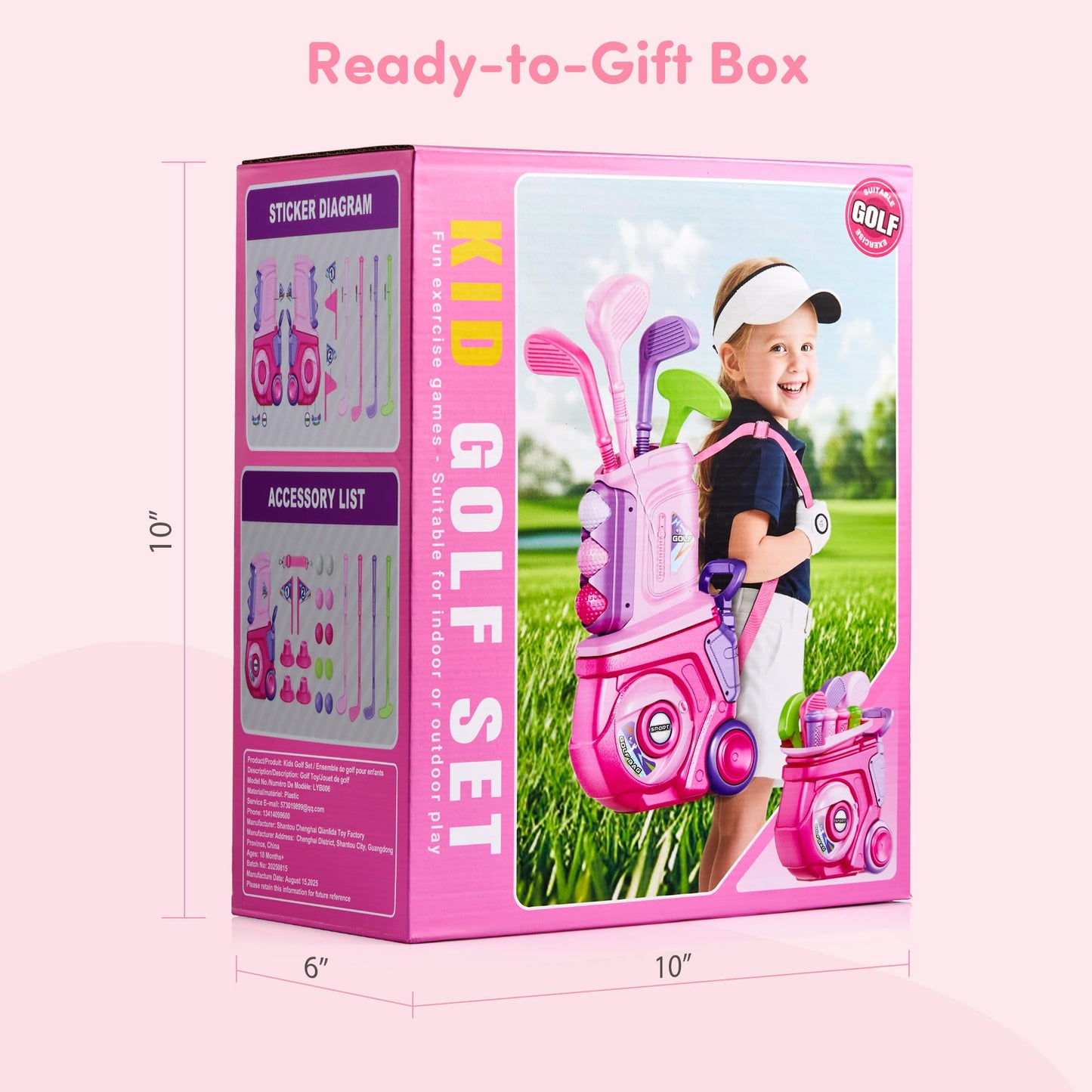 PJG Toddler Golf Set – 4 Plastic Clubs, 10 Balls, Portable Cart (Pink)