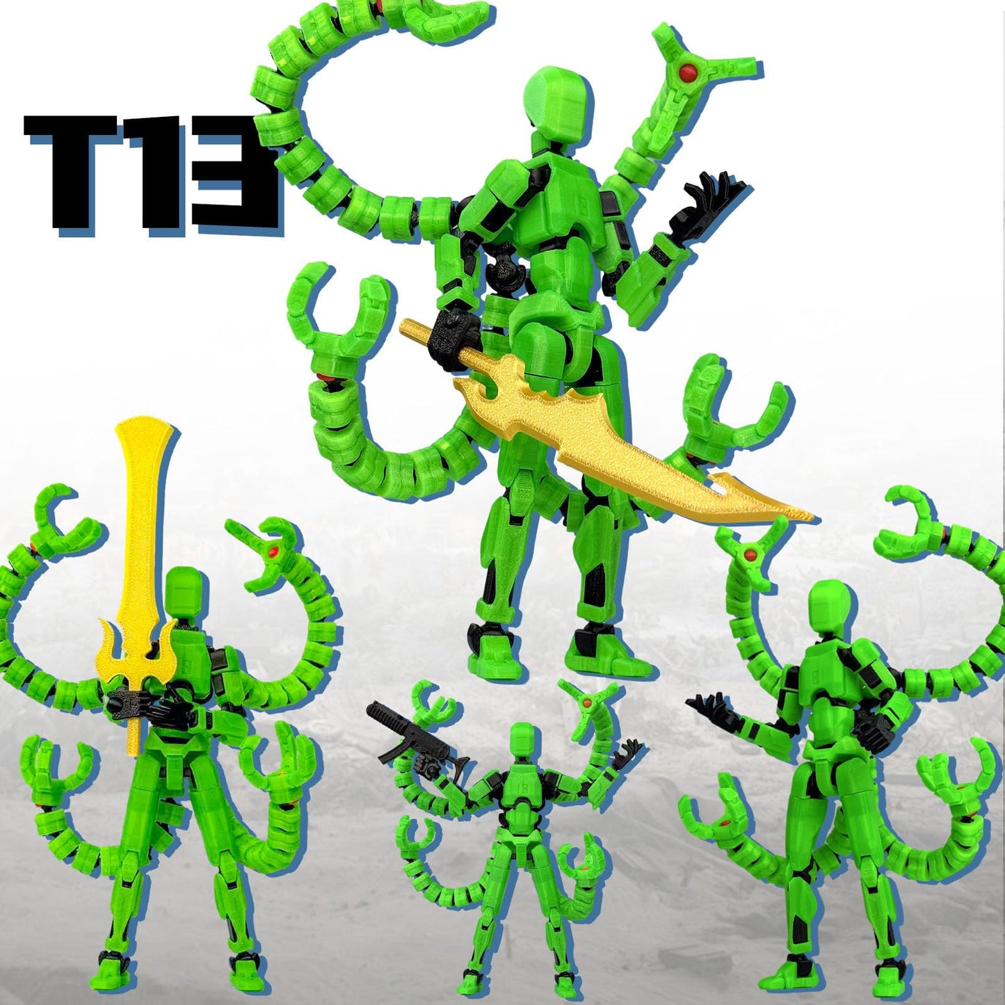 PkghoKids T13 Action Figure Accessories — Fully Jointed, 3D Printed, Luminous Green (7.2 Inch)