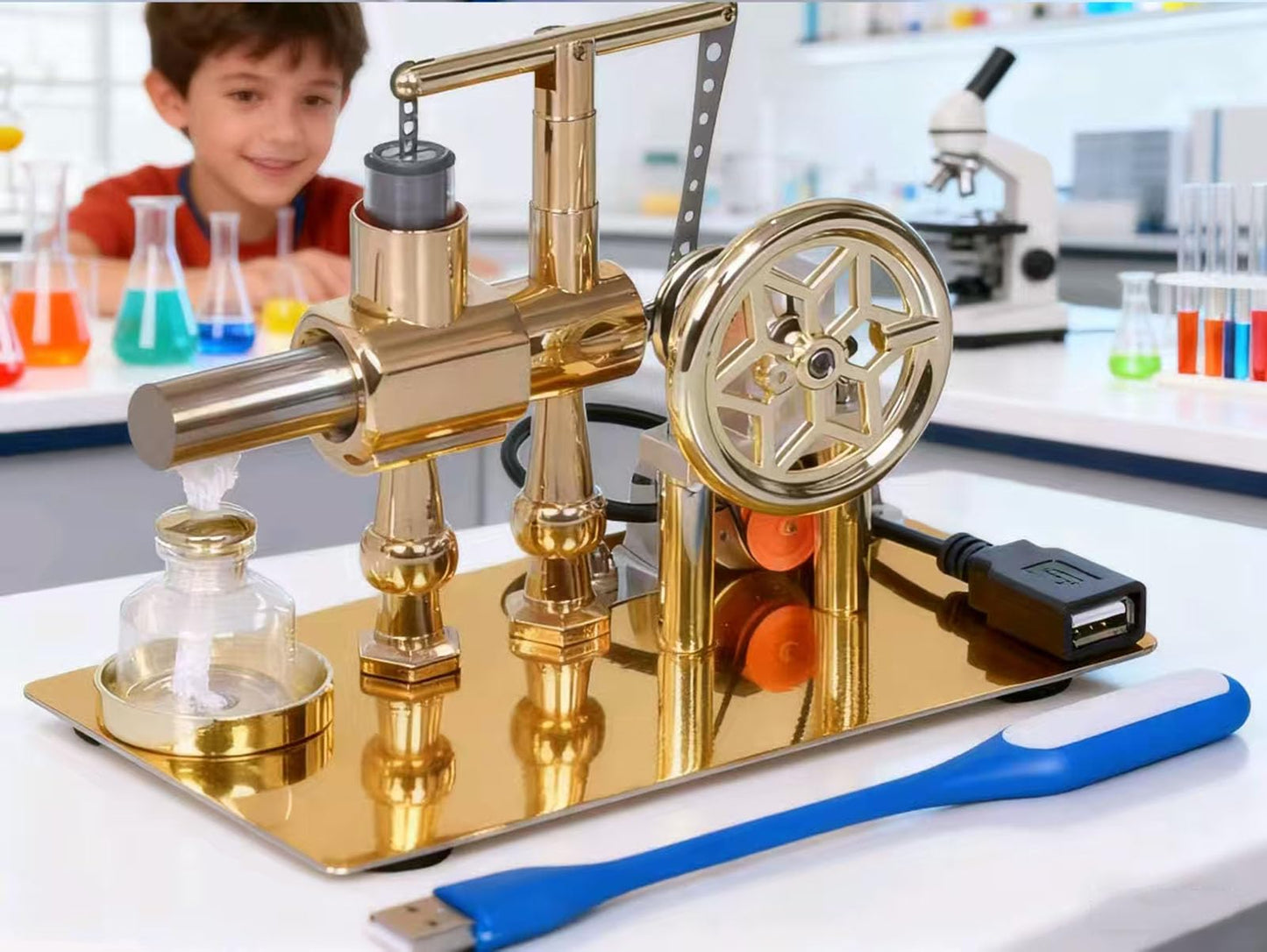 Pktiugf Hot Air Stirling Engine Model – DIY Single-Cylinder Desktop Educational Engine (Gold)