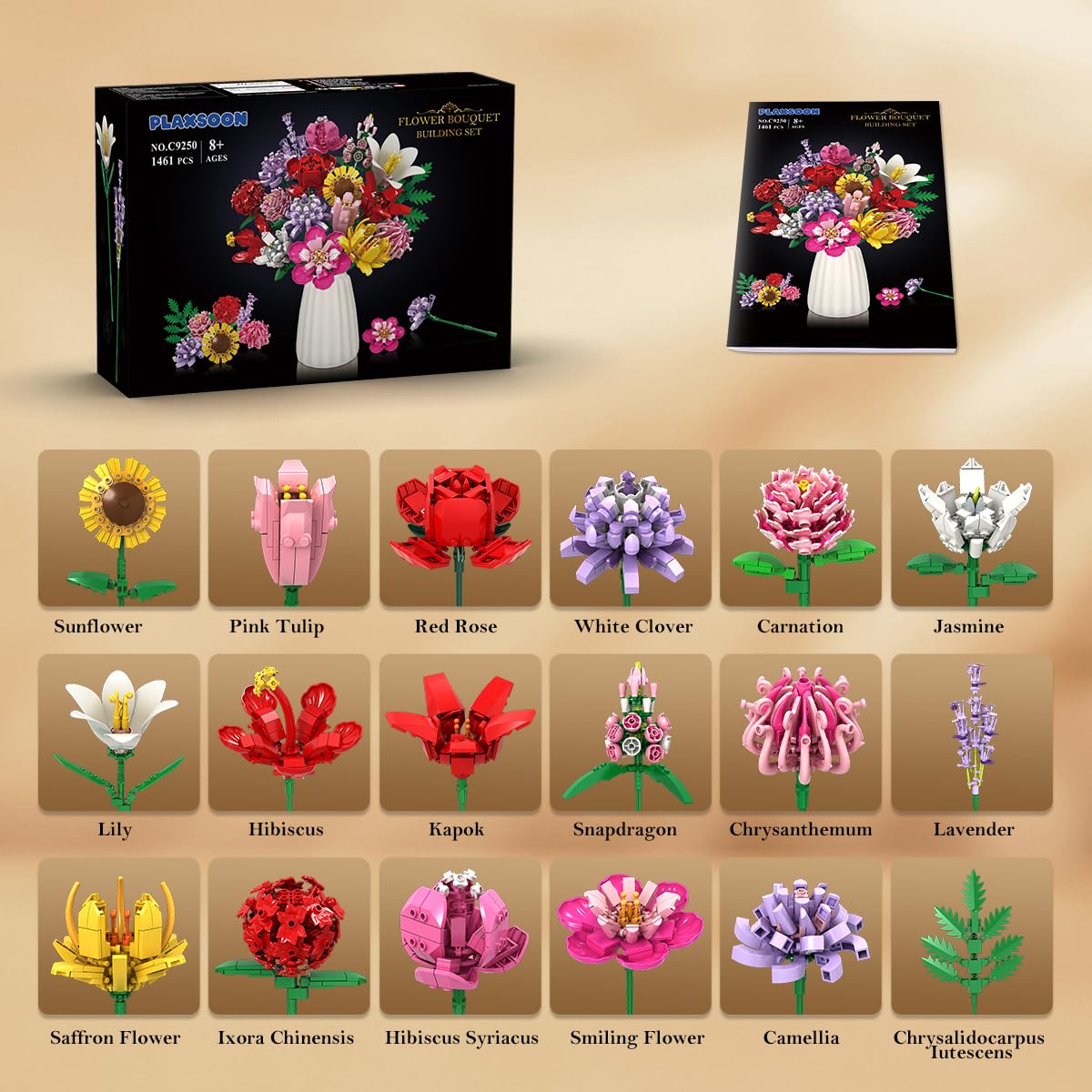 PLAXSOON Flower Bouquet Building Set - 1464 PCS, 18 Realistic Flowers for Home Decor & Gifts
