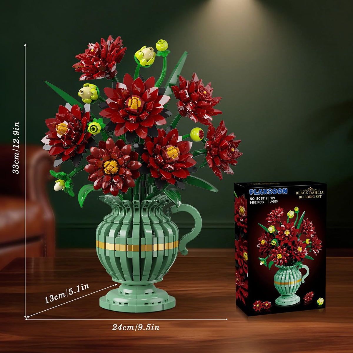 PLAXSOON Dahlia Flowers Building Set with Vase – Gothic 1482 PCS Bonsai Kit