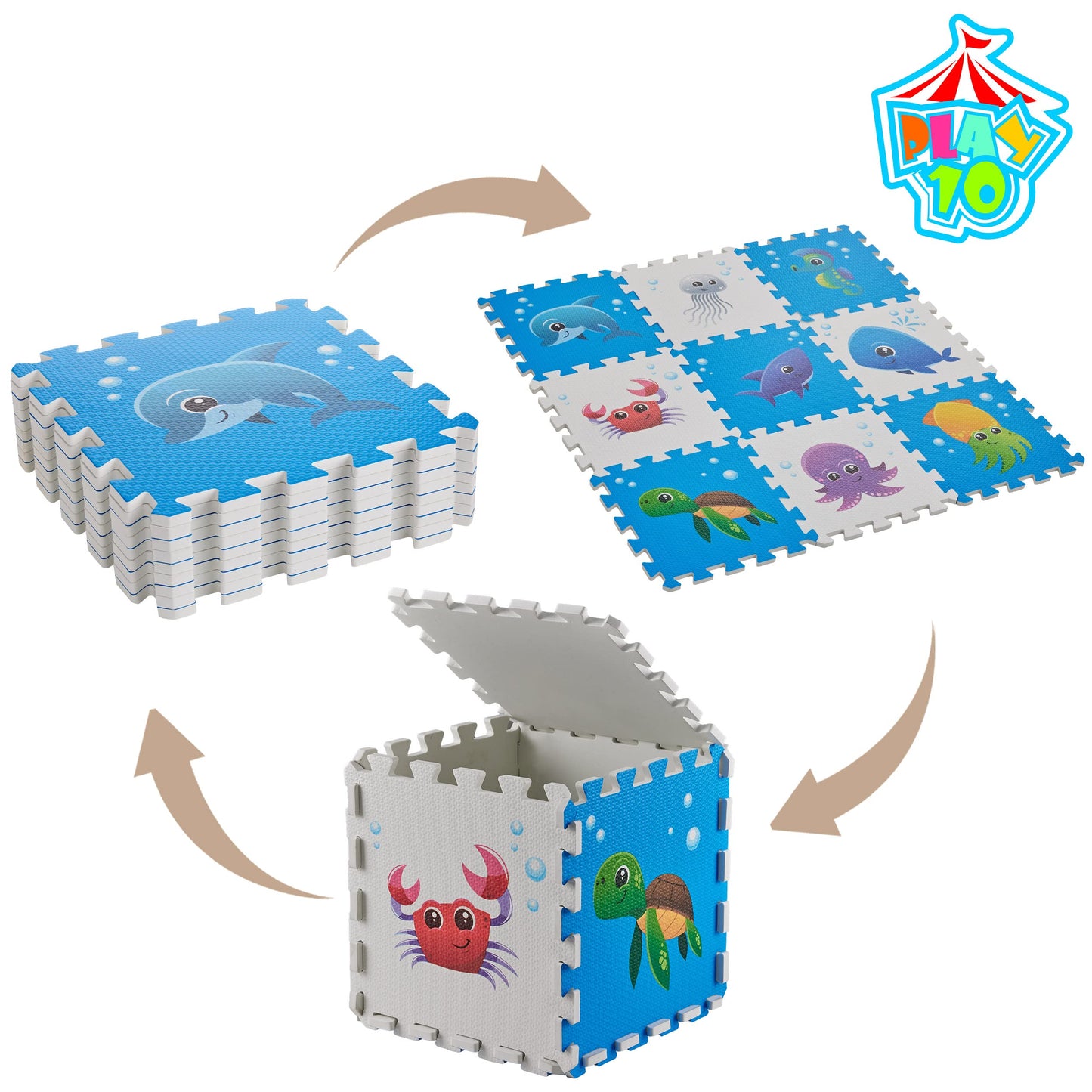 PLAY 10 Puzzle Play Mat – 34x34 in Sea World Interlocking Foam Tiles, 9-Piece