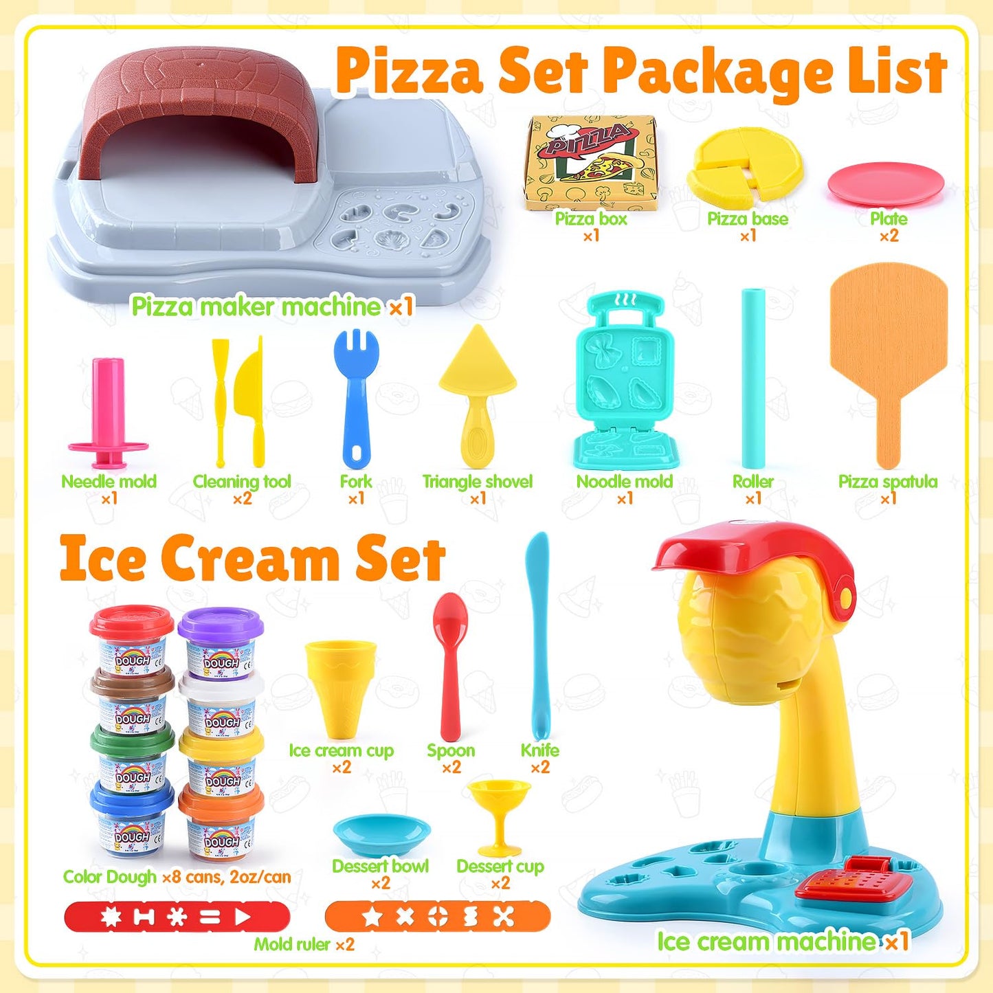 PLAY 2 in 1 Color Dough Set for Kids – Ice Cream & Pizza Maker Kit with 8 Color Dough Cans (2 oz each)