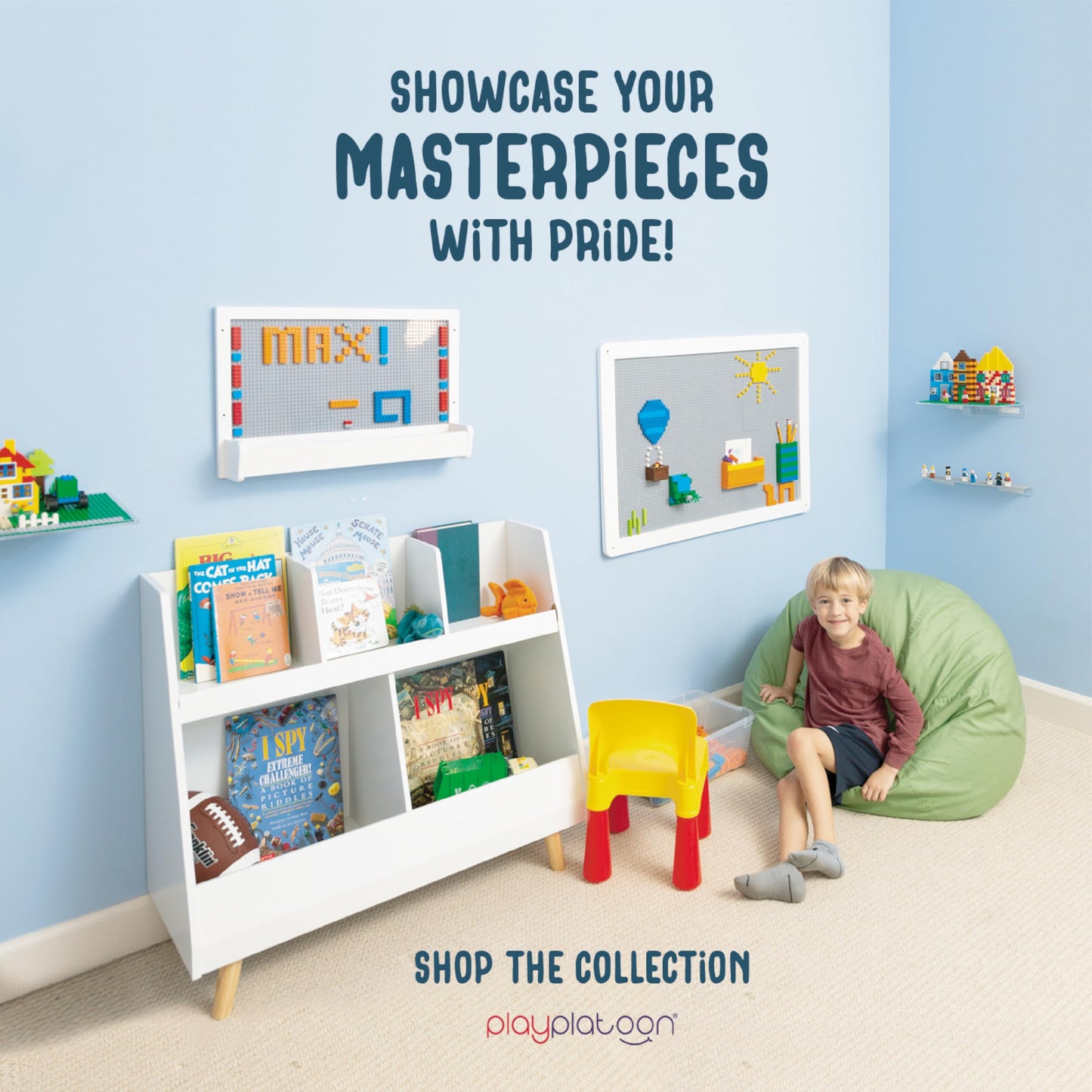 Play Platoon 2-Pack Building Brick Display Shelves – 12x5 Inch White Acrylic Wall Mount, Lego & Megablox Compatible