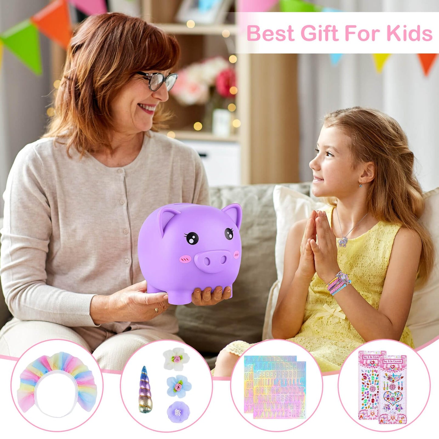 Play Tailor Large Unicorn Piggy Bank for Girls - DIY Stickers Included