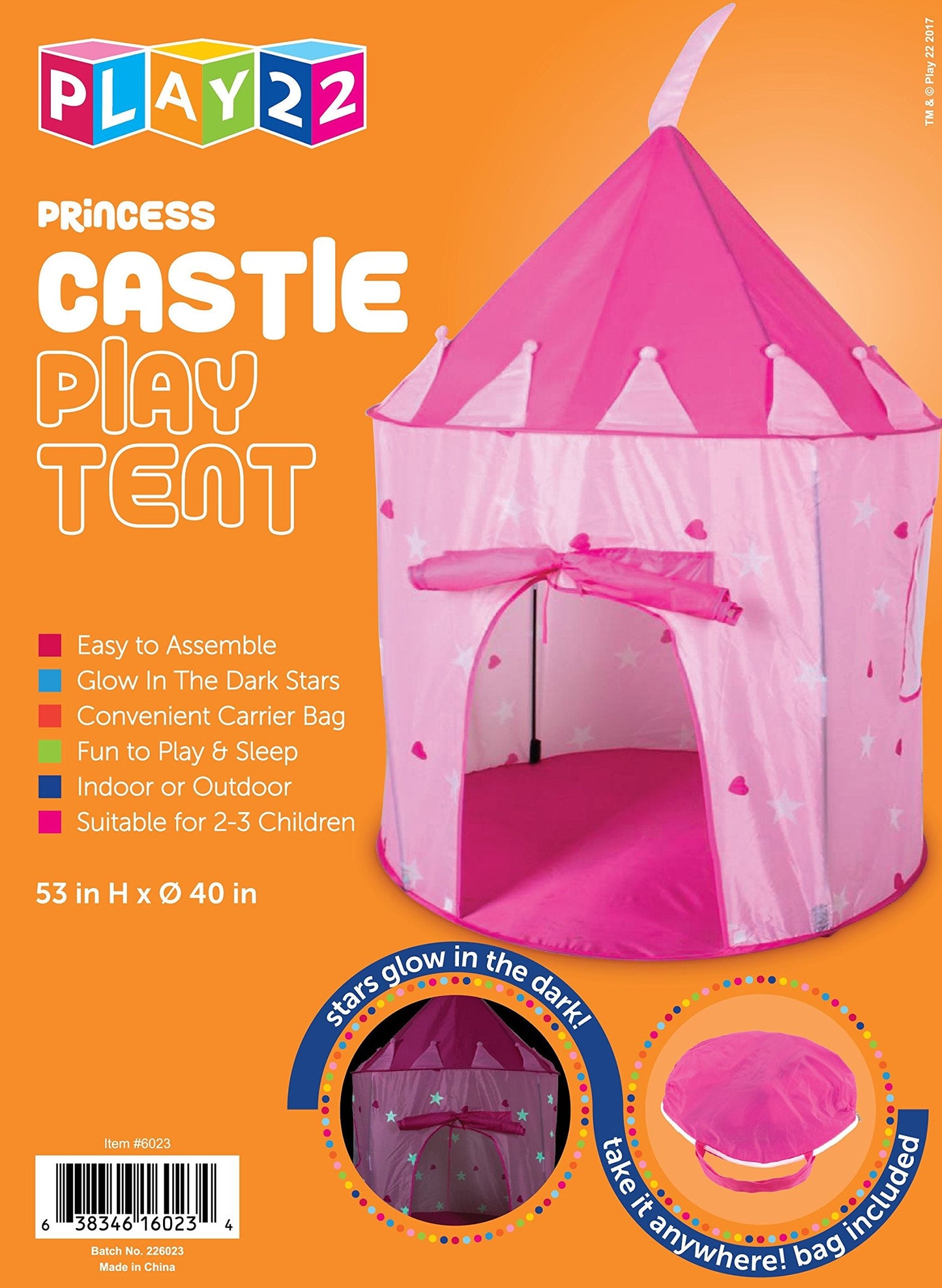 Play22 Play Tent Princess Castle Pink — Glow-in-the-Dark Stars, Portable Pop-Up Indoor/Outdoor