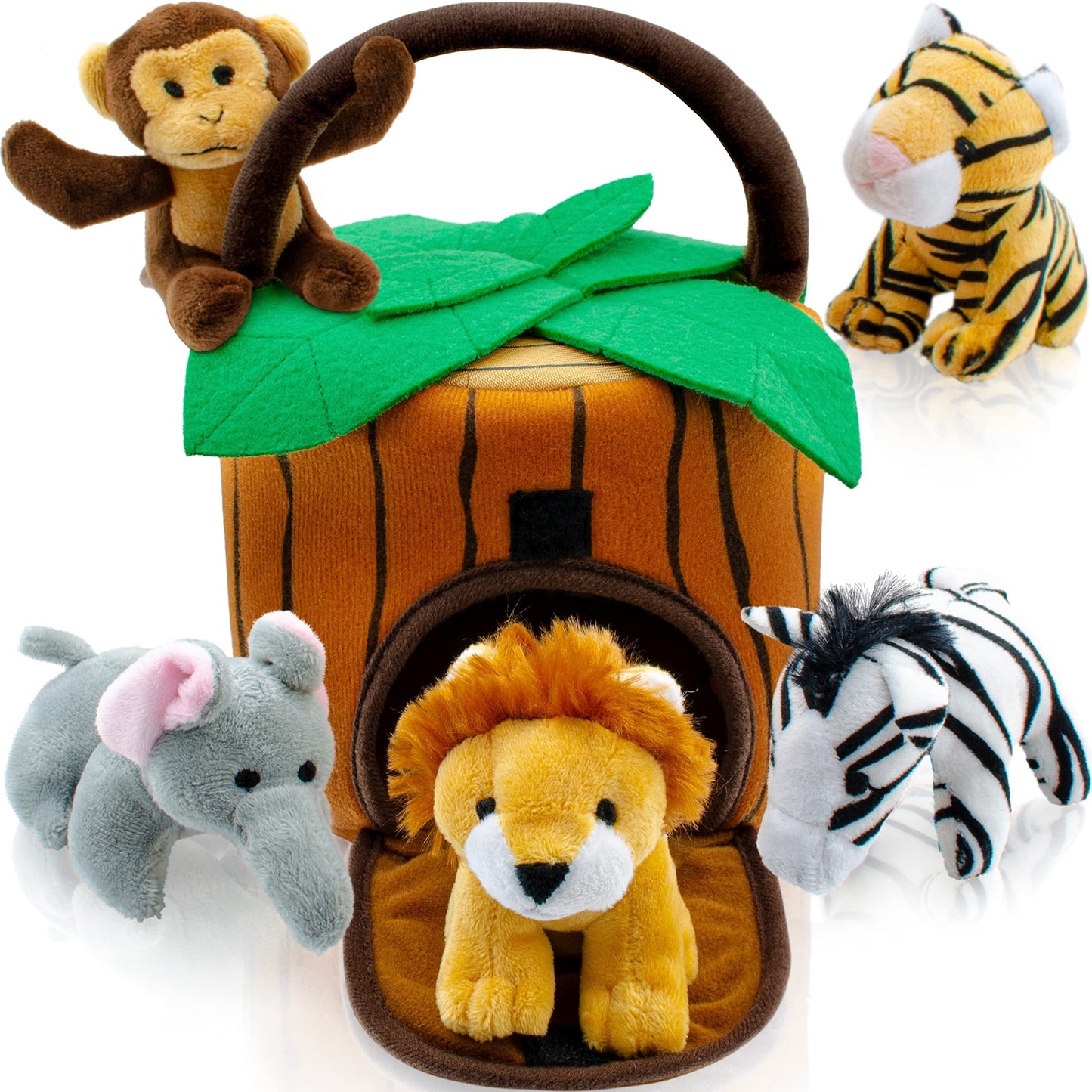 Play22 6-Piece Plush Talking Jungle Animals Set with Carrier - Elephant, Tiger, Lion, Zebra, Monkey