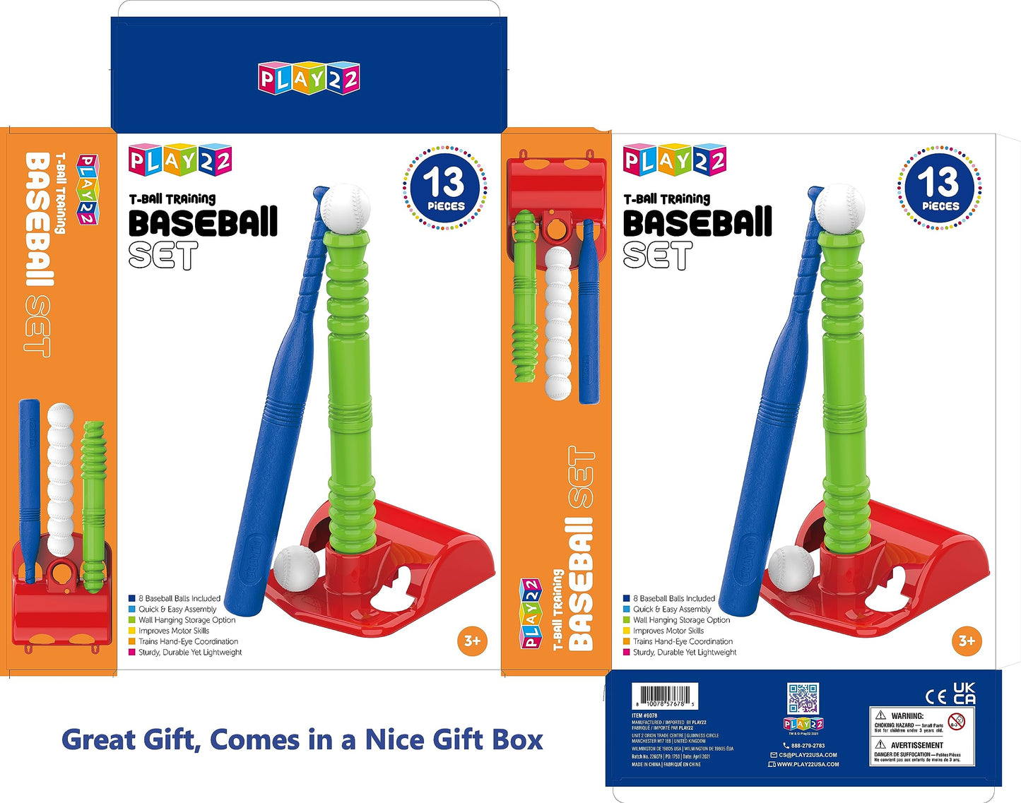 Play22 T Ball Set for Toddlers – 23in Batting Tee, 8 Balls, Wall-Mount Stand