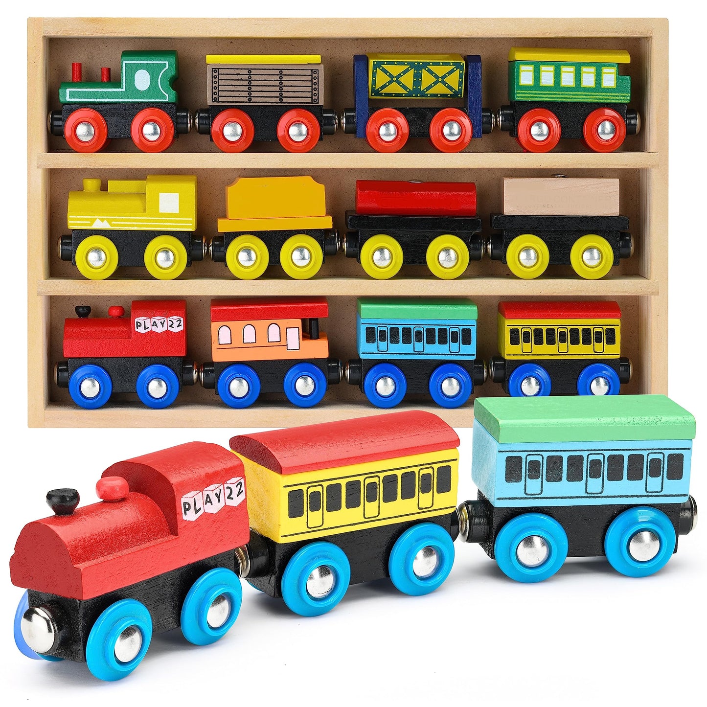 Play22 Wooden Train Set 12 Pcs – Magnetic Engines, 3 Locomotives, Compatible with Major Brands