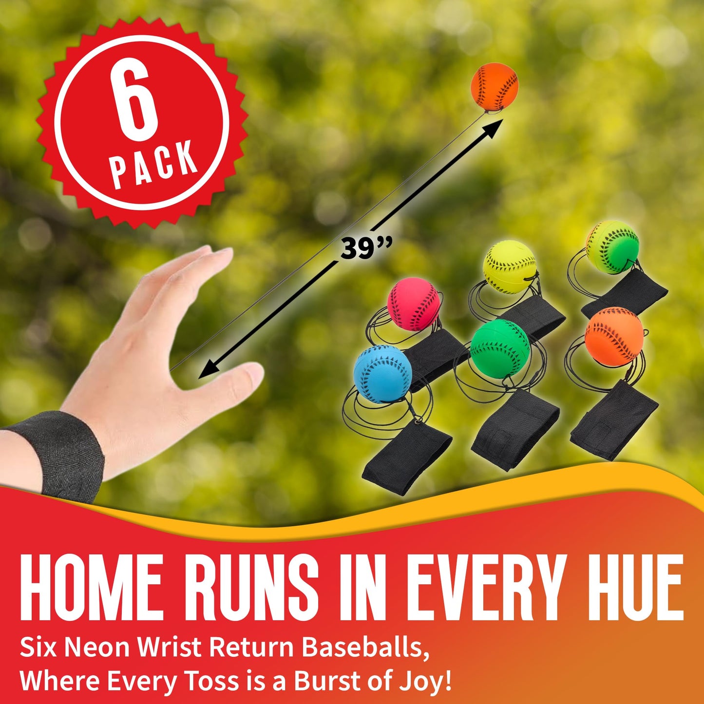 Playbees Wrist Baseballs Neon Reactive – 6 Pack for Kids’ Outdoor Practice & Fun