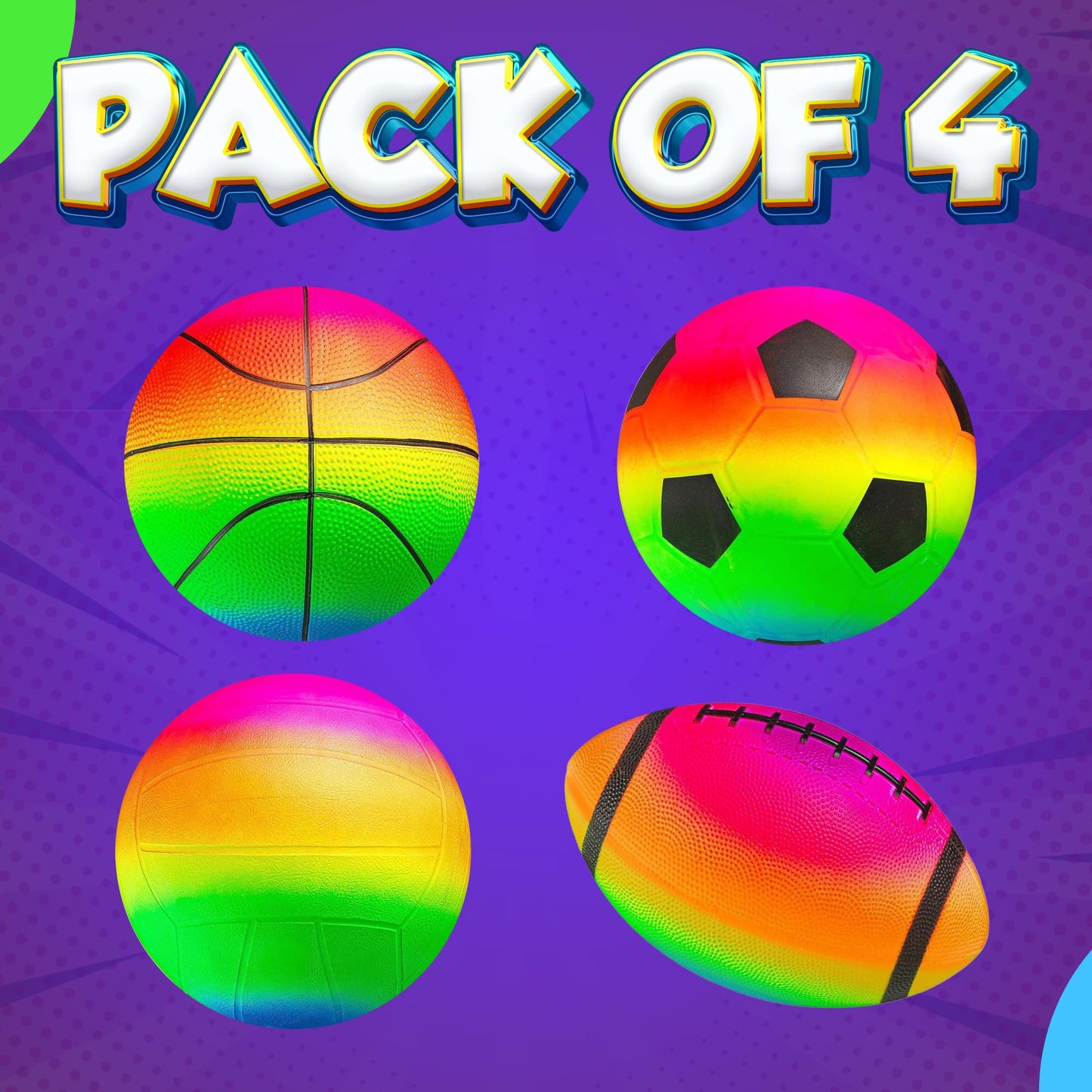 PlayBolt Rainbow Sports Balls for Kids & Toddlers – 4-Pack (8.5-Inch Neon Set)