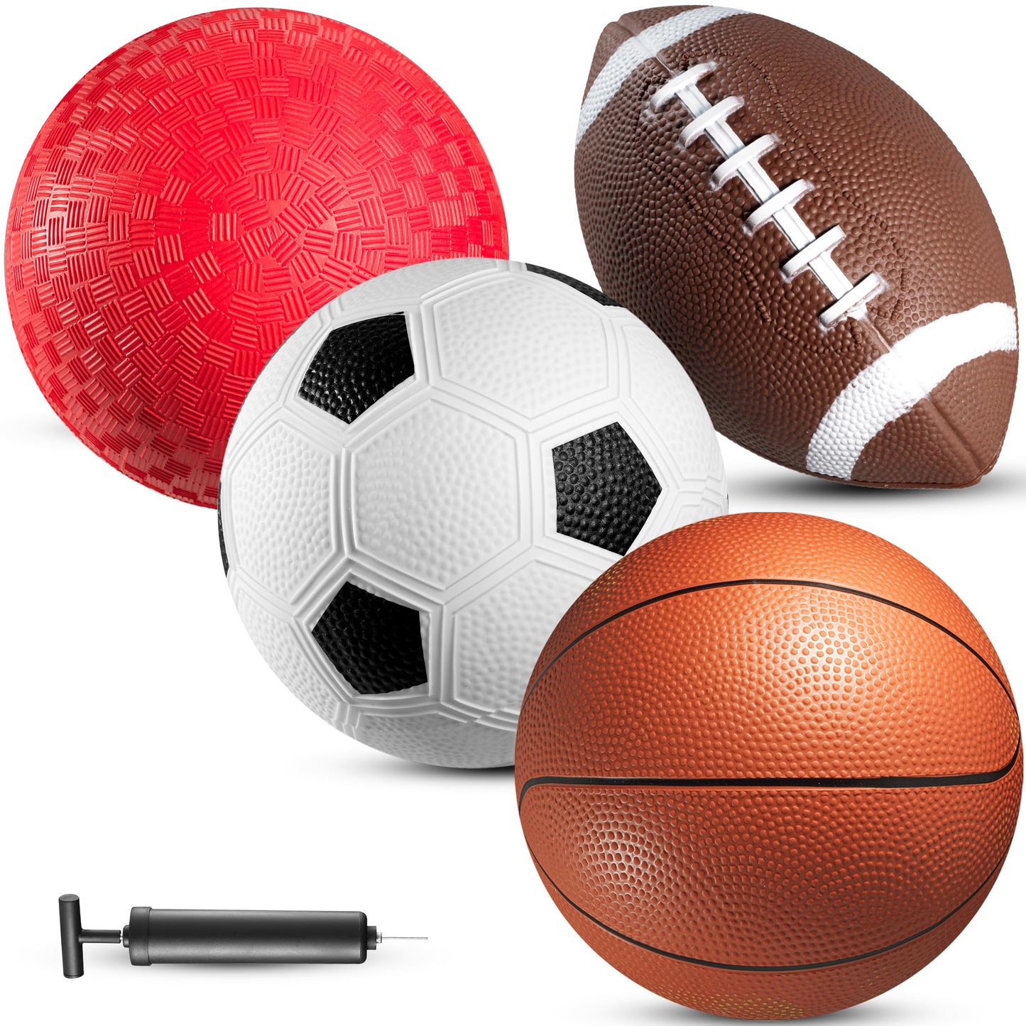 PlayBolt 8.5” Sports Balls — 4-Pack for Kids and Toddlers | Soccer, Basketball, Playground, Football + Pump