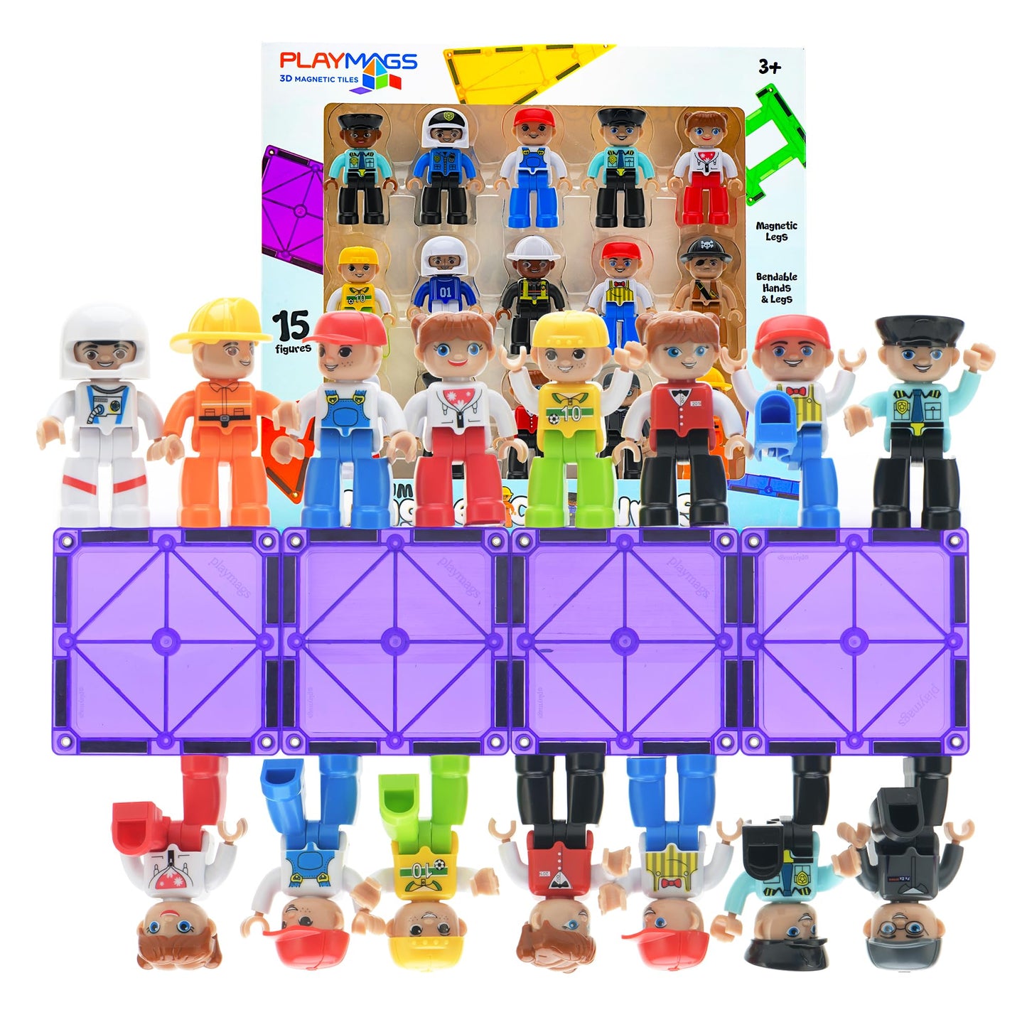 Playmags Large Magnetic Figures – 15-Piece Community Set for Magnetic Tiles & STEM Play