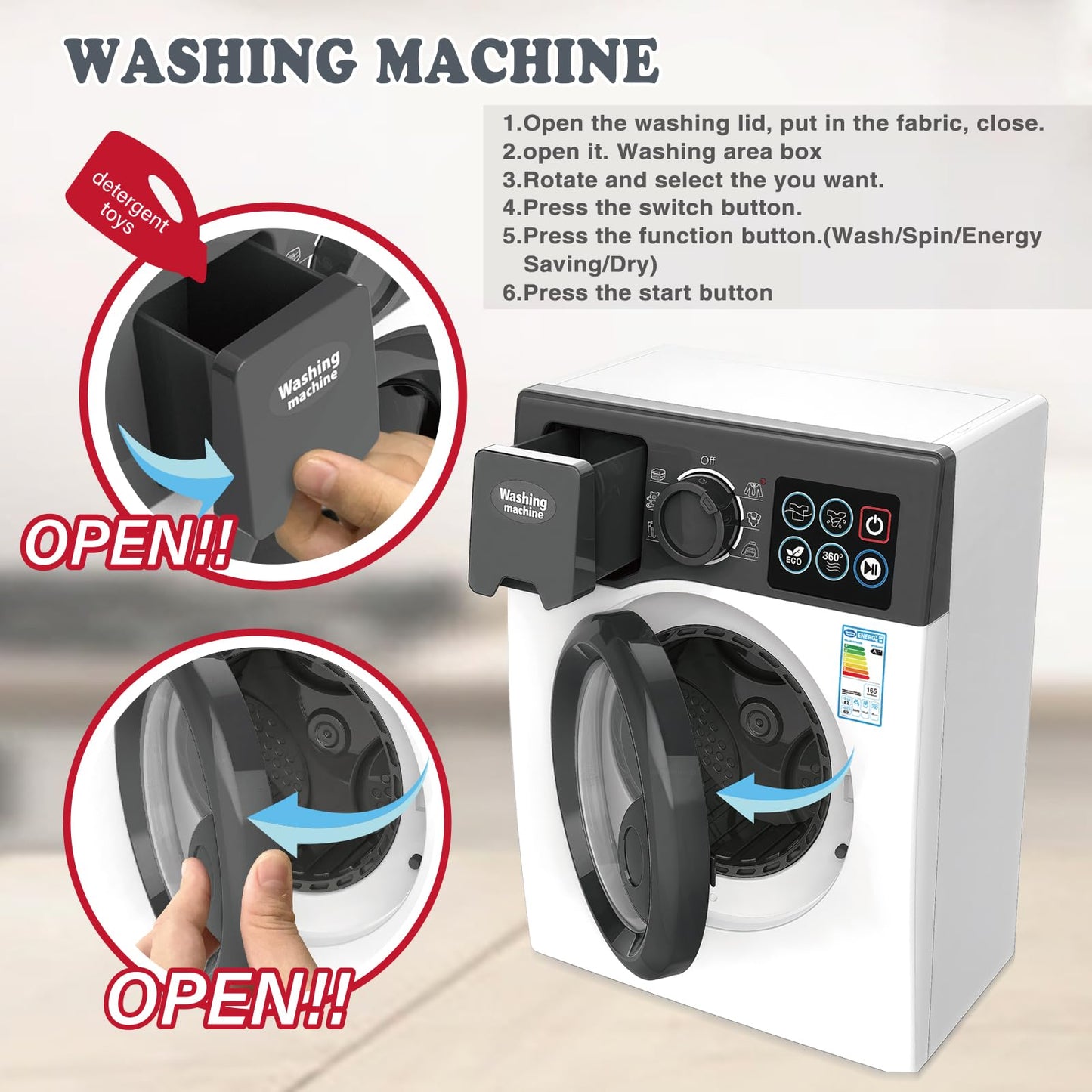 Playssnior Bojia Toy Washing Machine – Realistic Pretend Play Kitchen Appliance for Toddlers