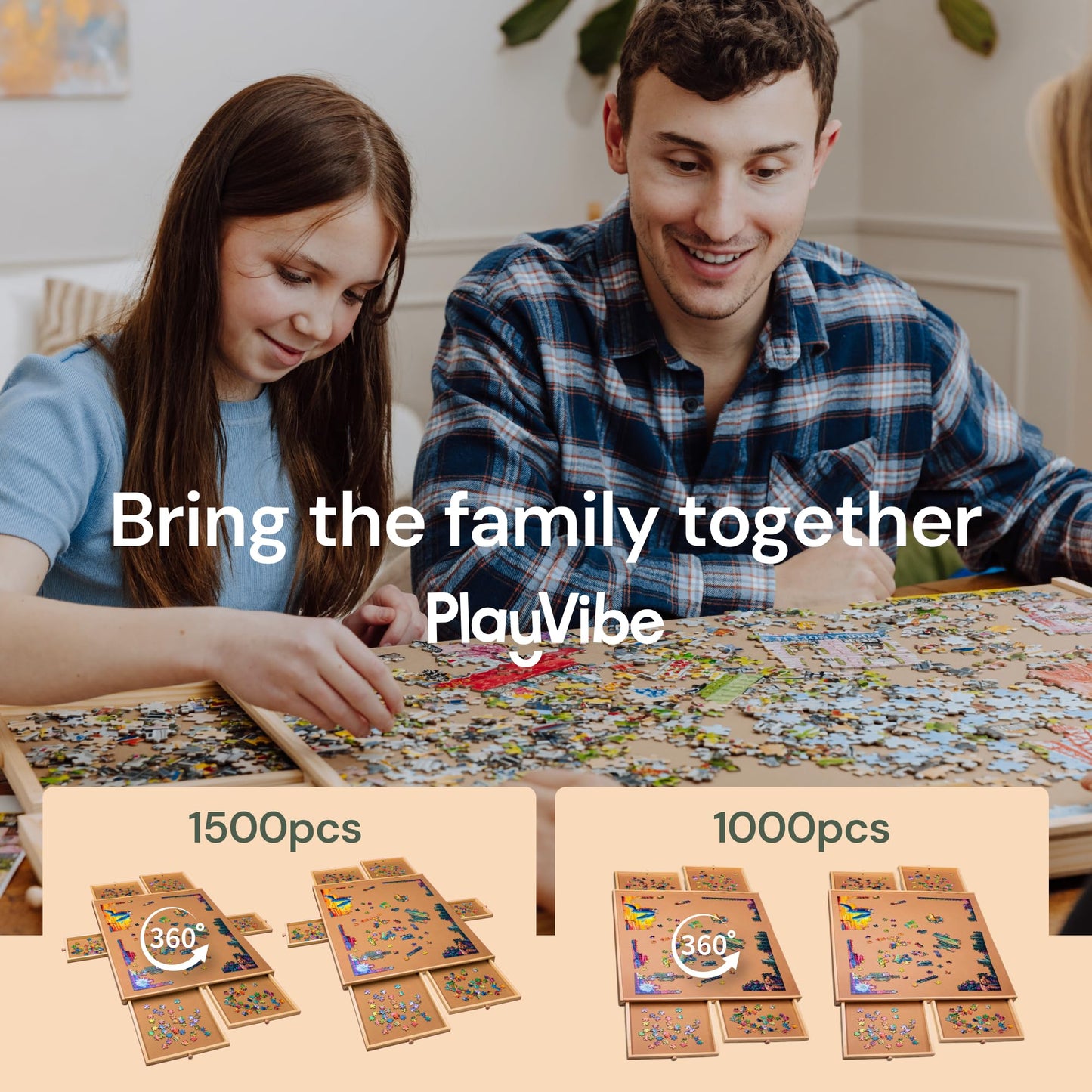 PLAYVIBE Rotating Puzzle Board – 1500-Piece Puzzle Table with 6 Drawers & 360-Degree Lazy Susan
