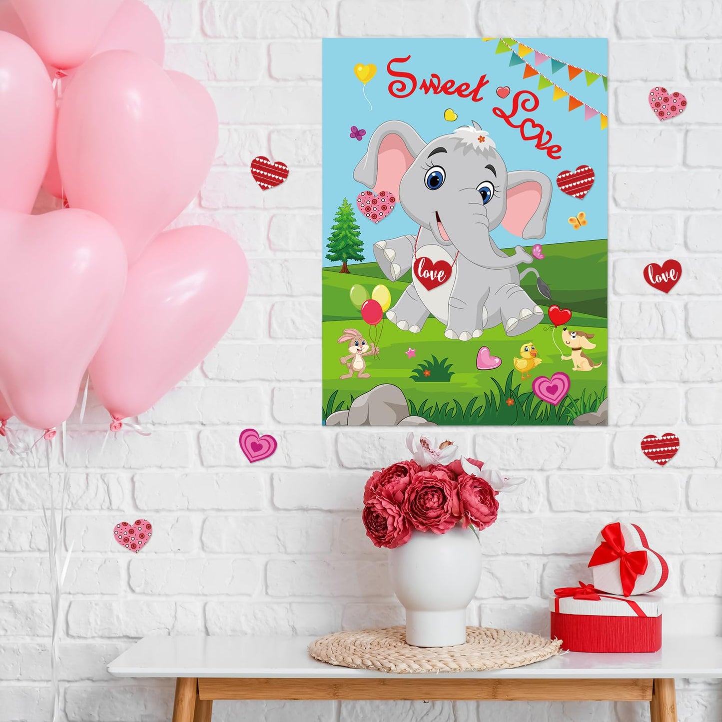 PLULON Pin Heart on Elephant Valentines Poster Game – 24 Heart Stickers, Party Backdrop & Classroom Activity