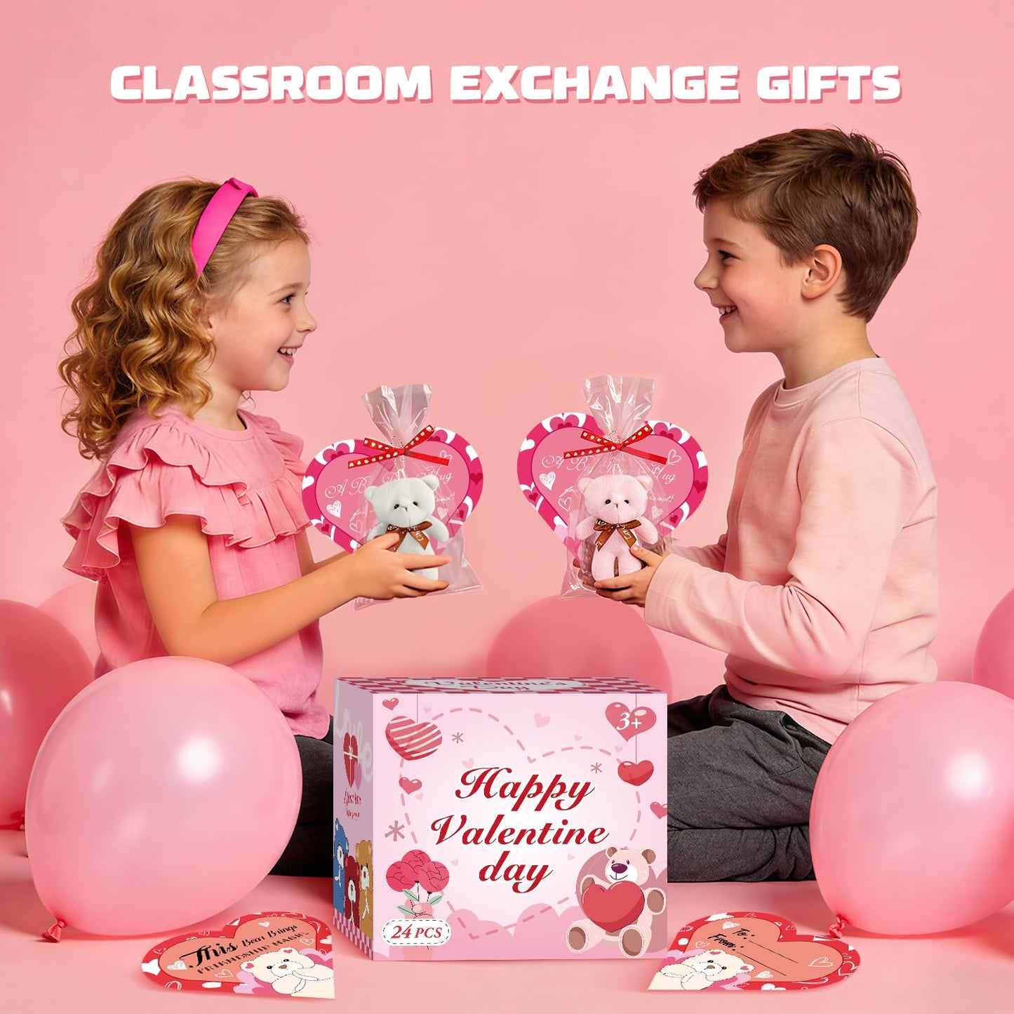 Plunack Valentines Gift Set for Kids – 24 Plush Bears & Heart Cards for Classroom Gifts