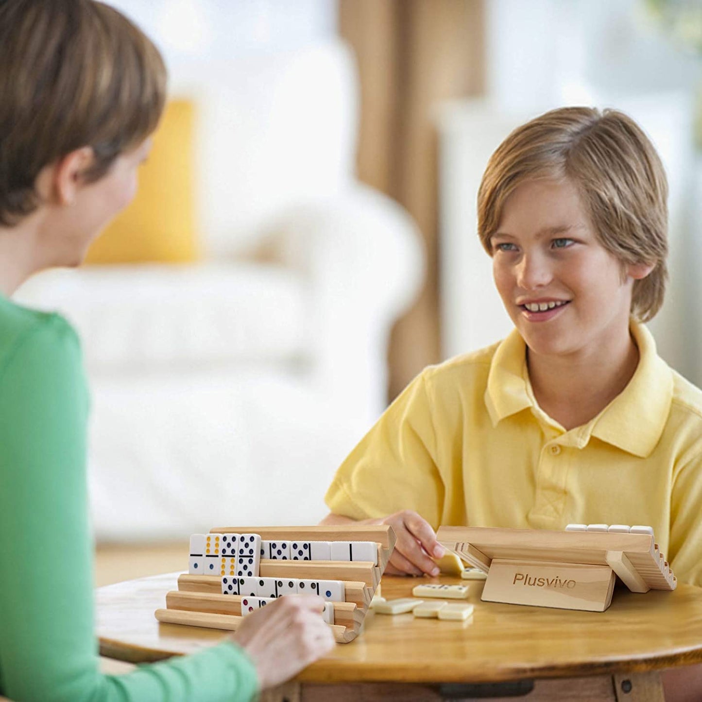 plusvivo Domino Racks with Stand | Set of 4 Wooden Trays for Mexican Train & Domino Games