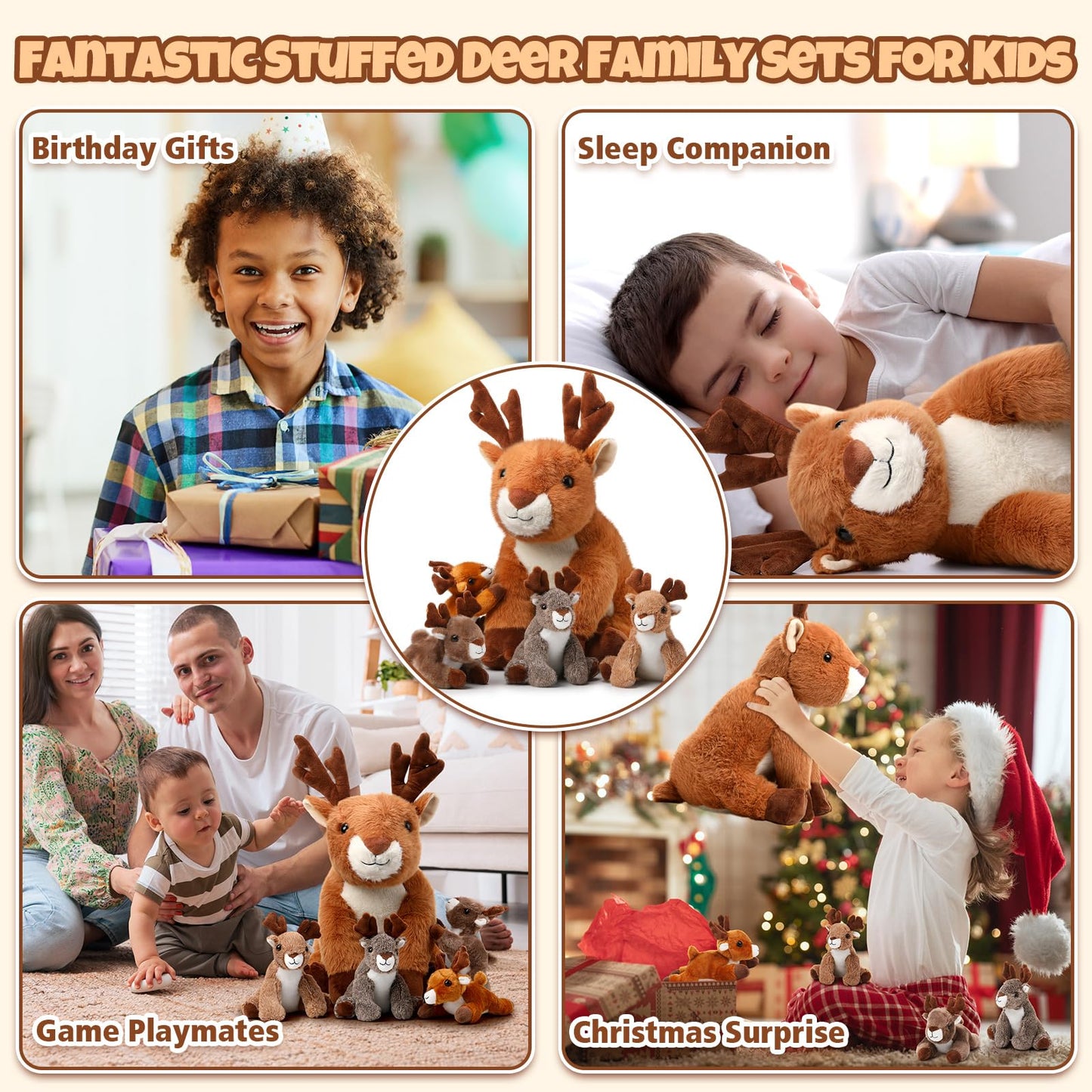 Poen Plush Deer Set: 16-Inch Mother with 4 Fawns | Cuddly Woodland Plush Toys