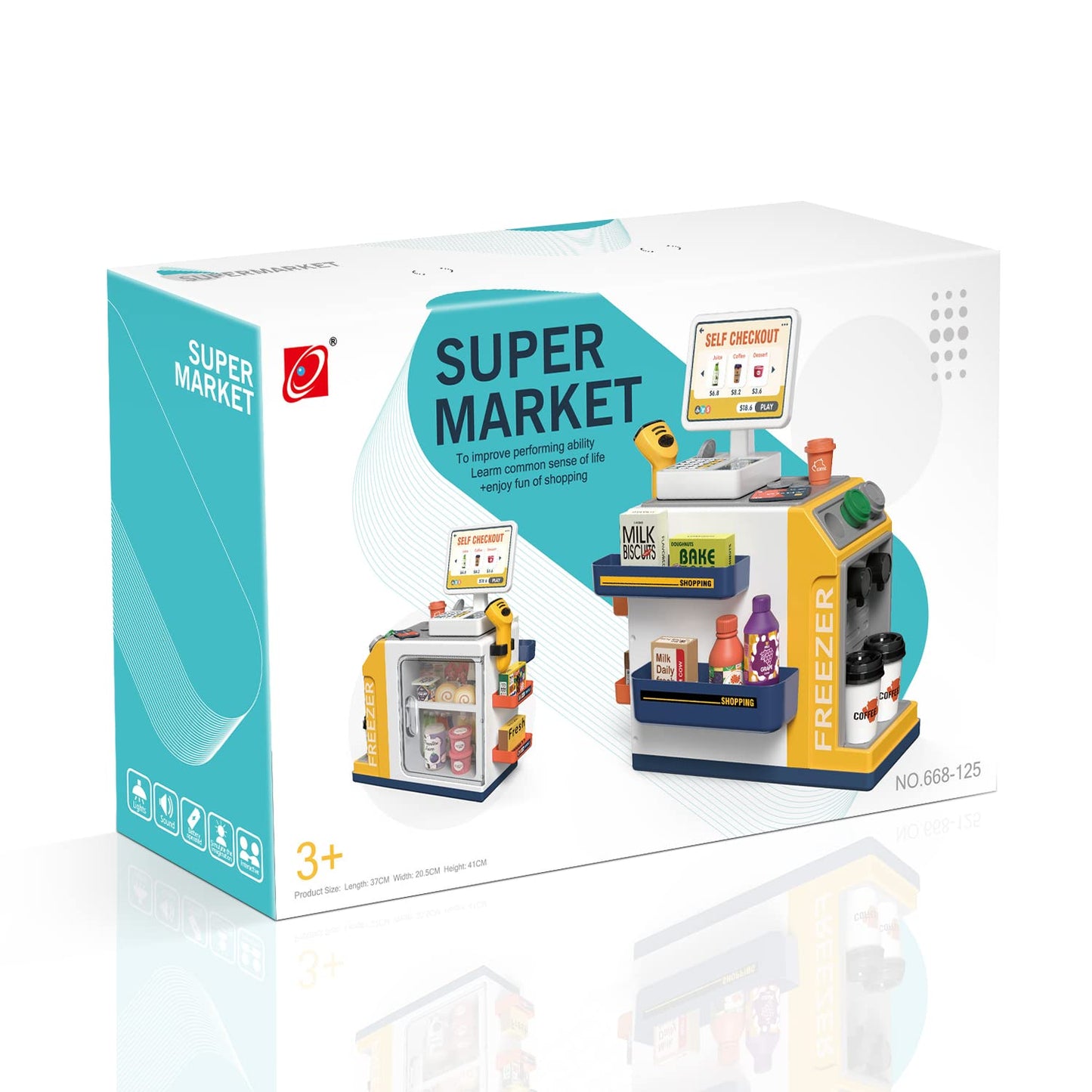POFJOEQ Cash Register Playset – 46-Piece Pretend Money Kit with Scanner, Cards & Food (Ages 3+)
