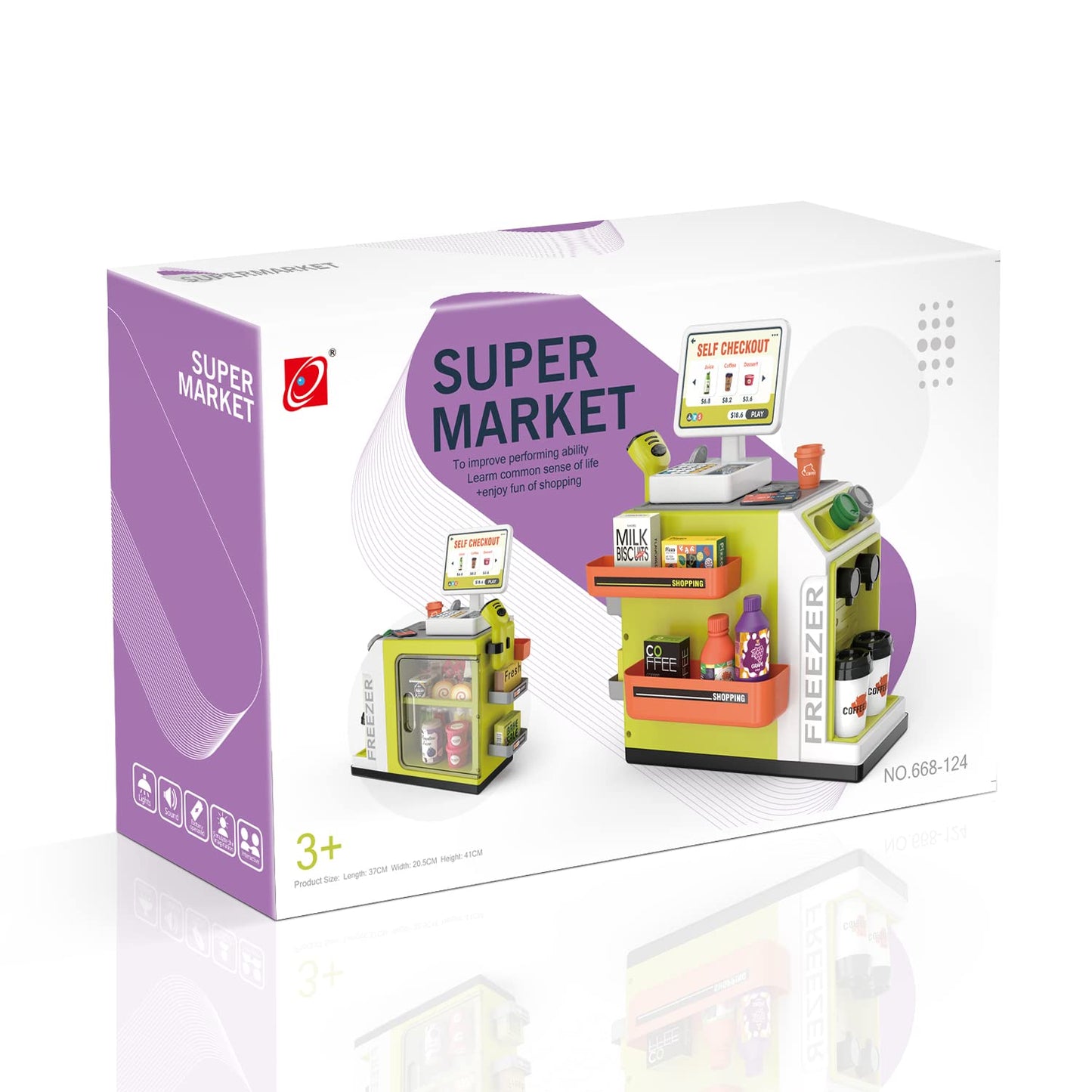 POFJOEQ Cash Register Playset for Kids – 48PCS Pretend Money, Scanner, Card & Food (668-124)