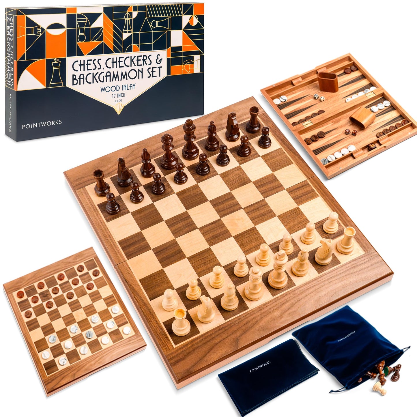 Pointworks 17 Inch Chess Checkers Backgammon Set – Portable Folding Two-Sided Board with Maple Walnut Inlay