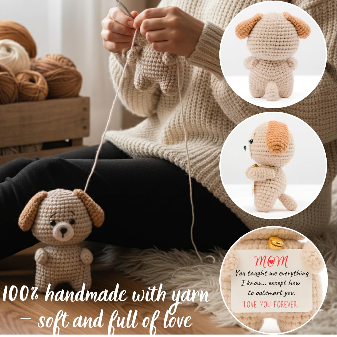 POIVOCF Handmade Crochet Puppy Plush with Funny Card — Mom Gift for Mother's Day, Birthday, Christmas