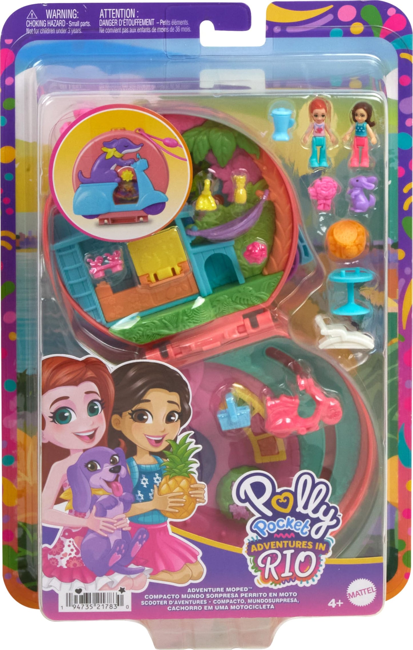 Polly Pocket Adventure Moped Compact – 2 Micro Dolls, Puppy & 12 Accessories