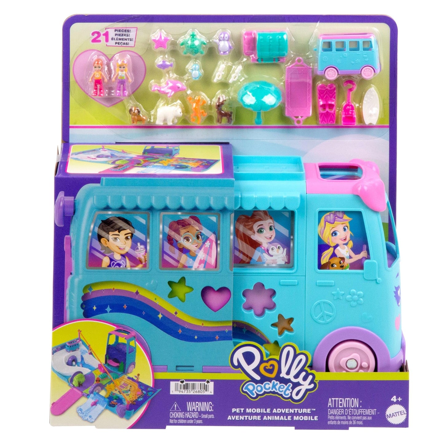 Polly Pocket Pet Mobile Adventure Playset – Micro Dolls, Transforming Camper Van & Pets