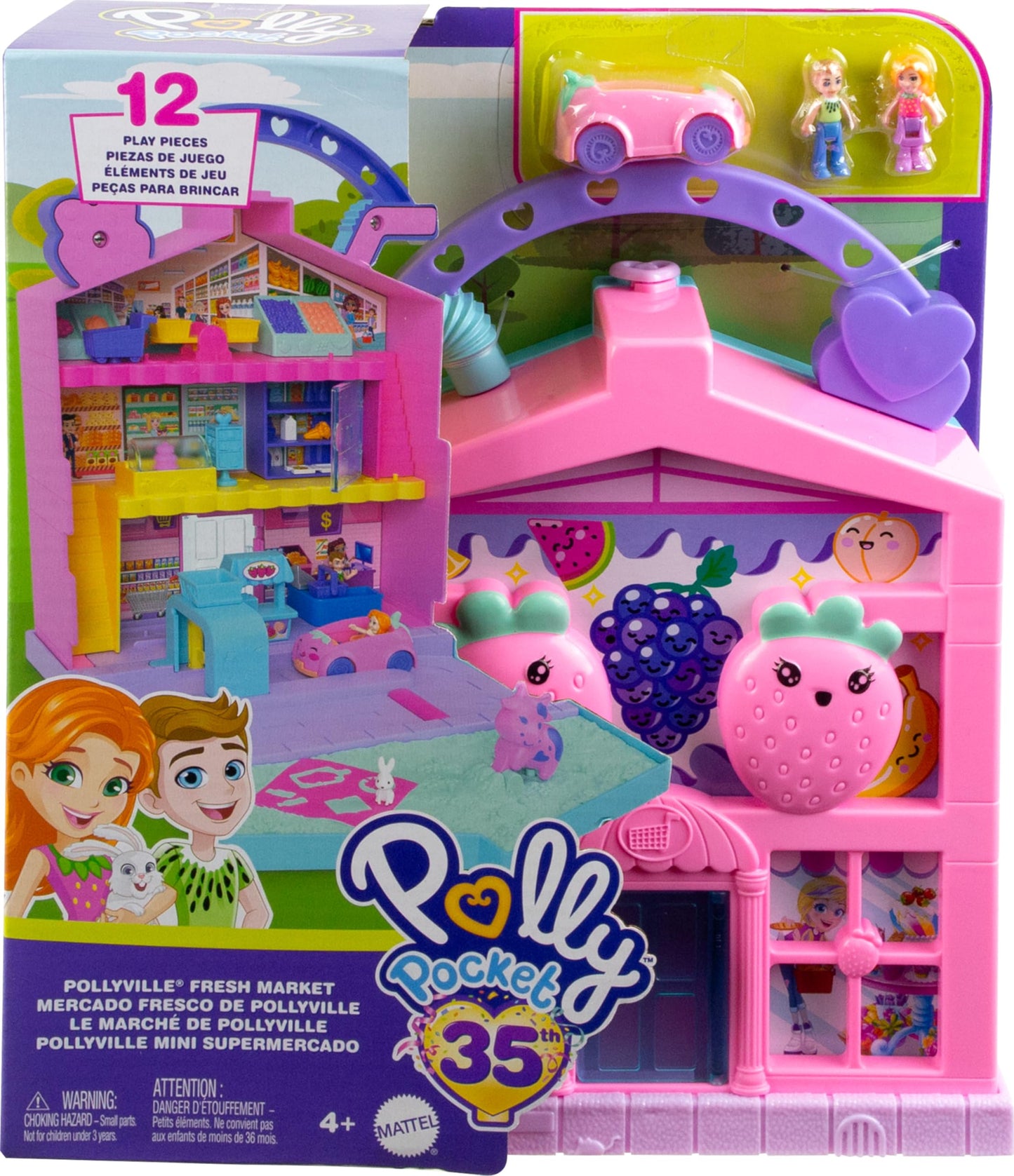 Polly Pocket Pollyville Fresh Market Dolls & Playset – 2 Micro Dolls, 12 Accessories