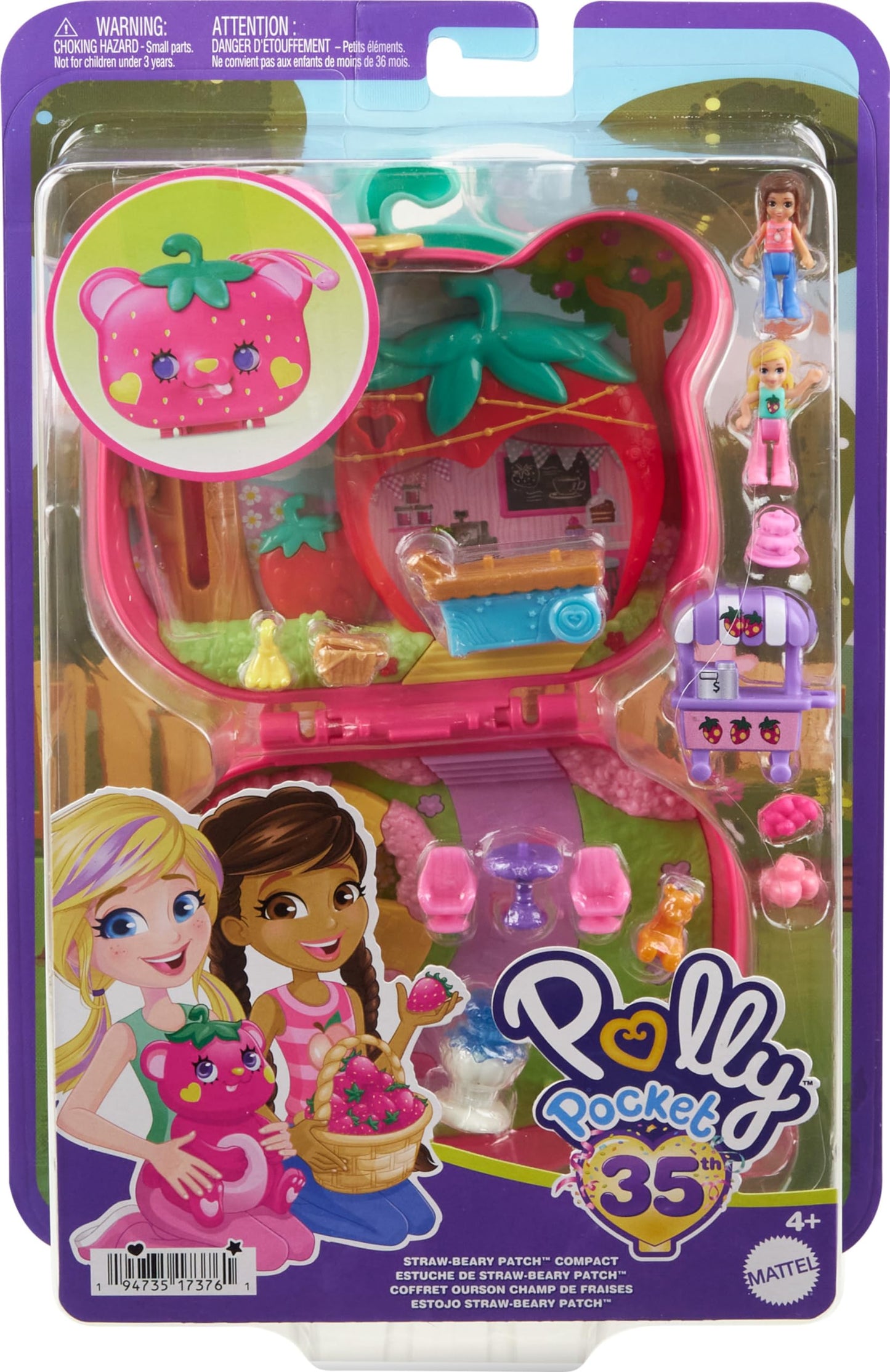 Polly Pocket Straw-Beary Patch Compact | 2 Micro Dolls & 12 Accessories | Travel Toy