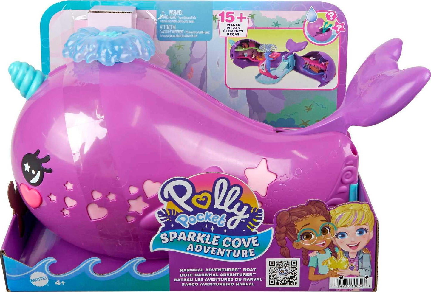 Polly Pocket Sparkle Cove Narwhal Boat Playset — 2 Dolls, Water Play, 6 Play Areas