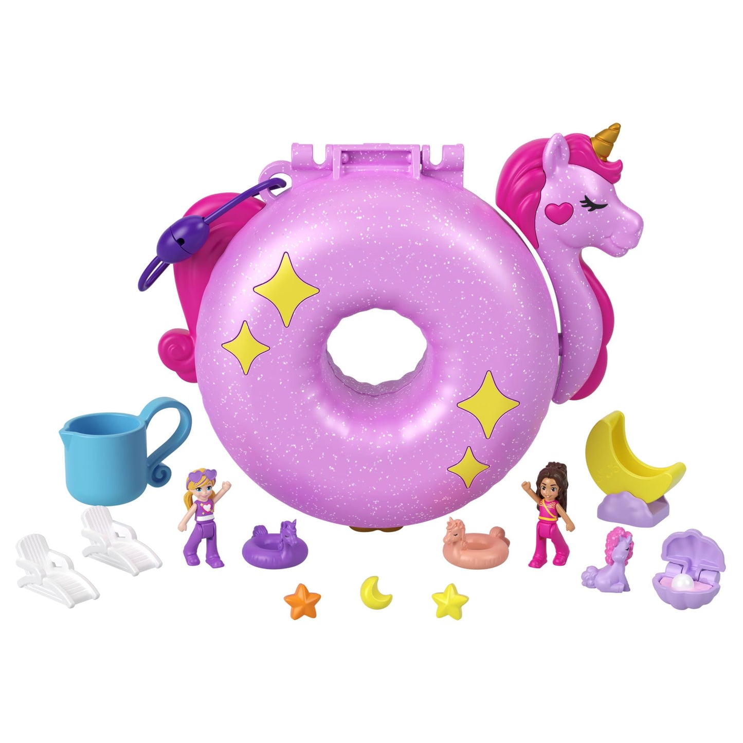Polly Pocket Sparkle Cove Adventure Unicorn Floatie Compact Playset | 2 Micro Dolls & 12 Accessories