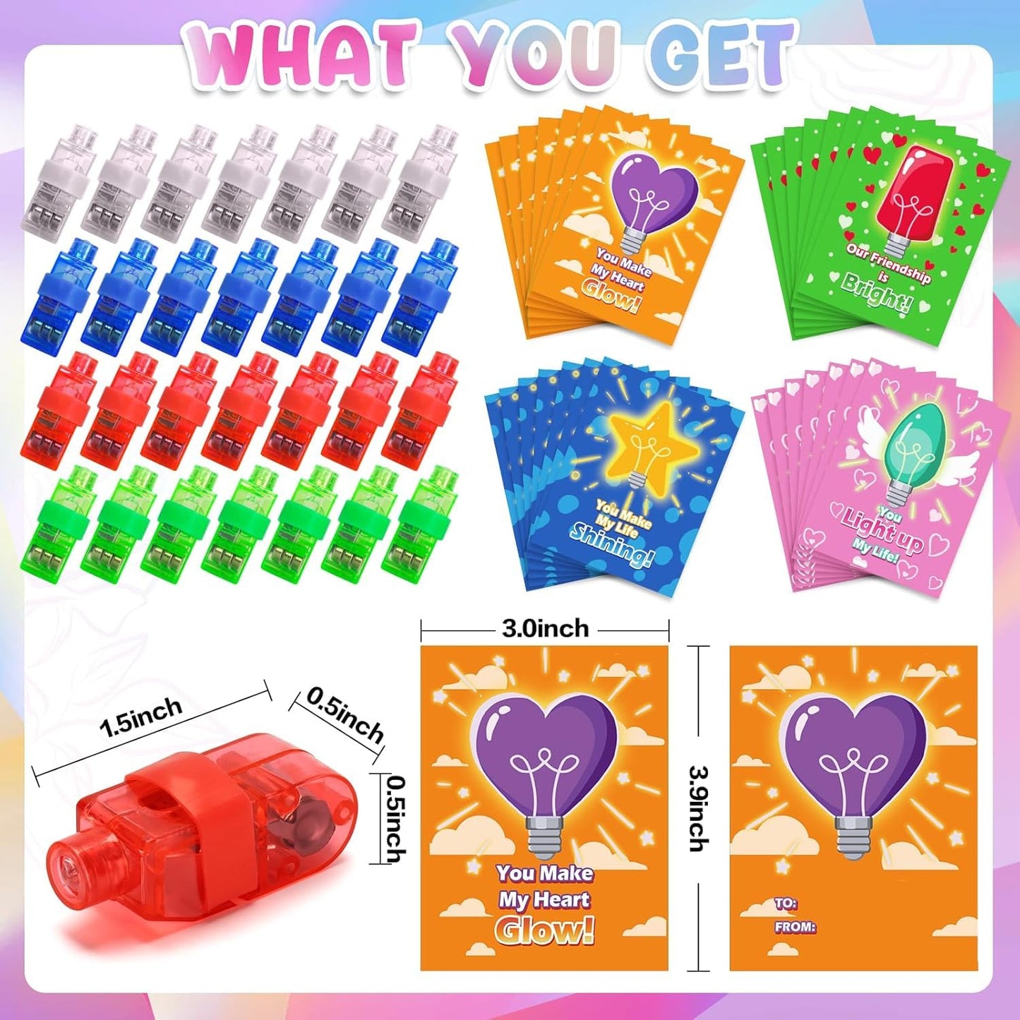 Polokping Valentines Day Gifts for Kids - 28 LED Finger Lights & Cards | Classroom Favors