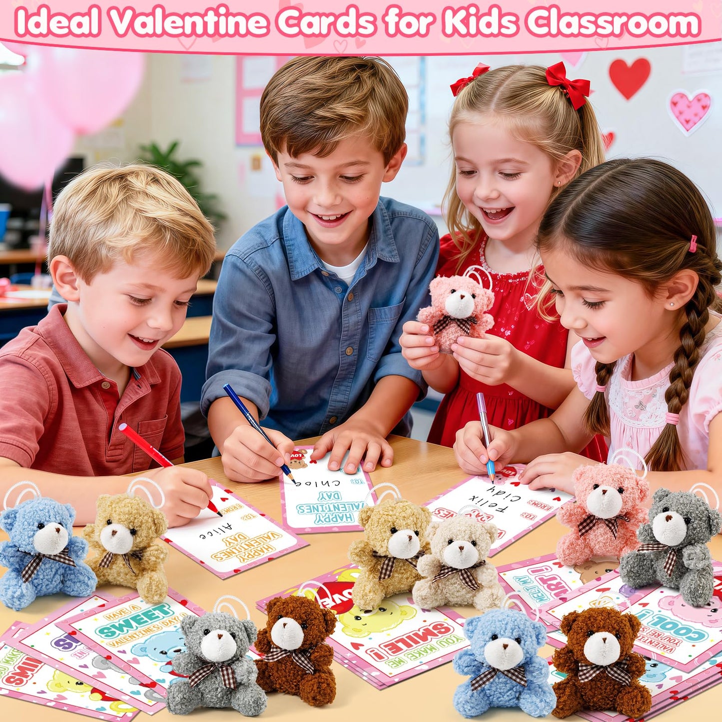 Polokping Valentines Day Cards for Kids – 24-Pack Plush Bear Keychains & Card Set